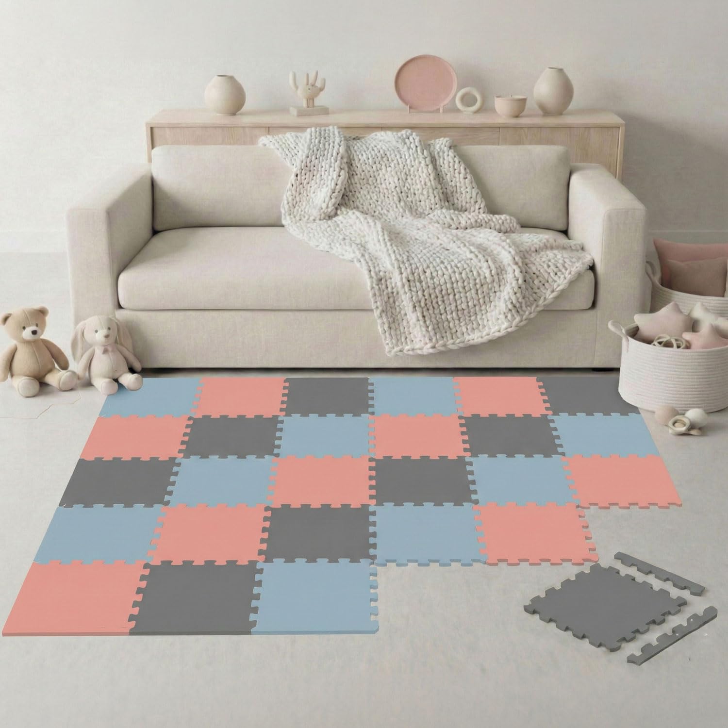 LittleTom 27 Pièces Tapis Puzzle Enfant - Certifié TÜV - 30x30 cm Dalles en Mousse EVA avec Bordures - Surface de Jeu pour l'Éveil - Carrés Puzzle Antidérapants - Revêtement pour Chambre des Petits