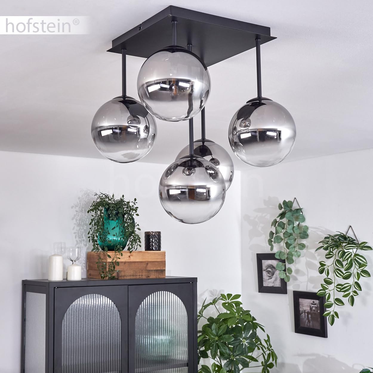 HOFSTEIN Deckenleuchte Chehalis, 5-flammige Deckenlampe aus Metall/Glas in Schwarz/Rauchfarben/Klar, Leuchte im Retro/Vintage-Design, Ø Schirme 15 cm, G9, Esszimmer, Schlafzimmer, Wohnzimmer, Küche