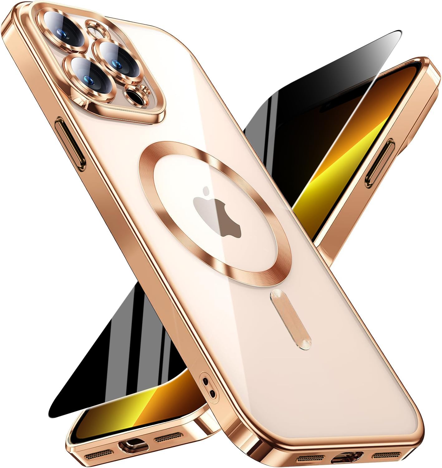 Magnetic for iPhone 13 Pro Max Case with Privacy Screen Protector &amp; Full Camera Cover,[Non-Yellowing] Plating Glossy Soft Shockproof Clear Phone Case Women Girls for 13 ProMax,Gold