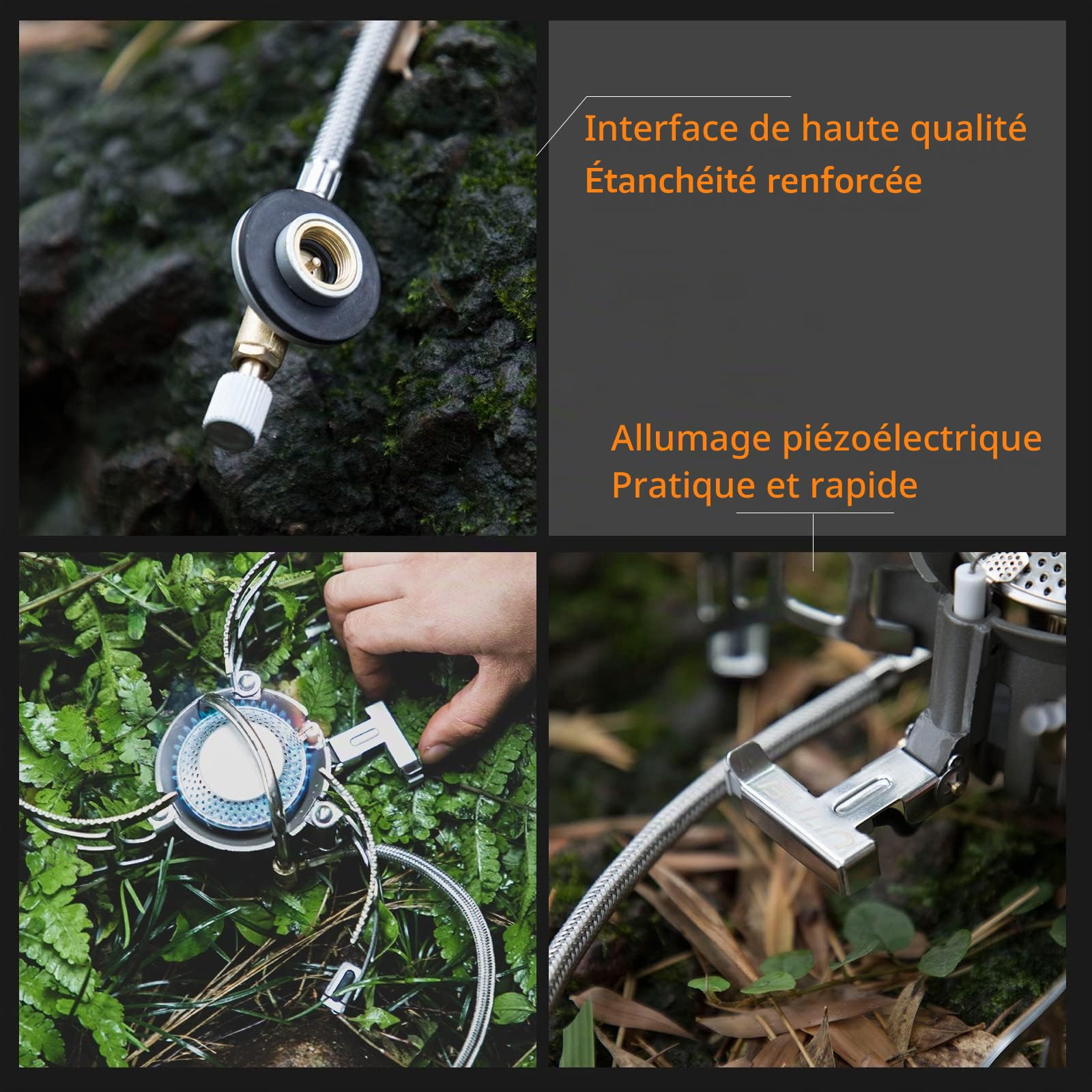 Bulin Réchaud Camping Portable avec Pare-Vent et Allumage Piézoélectrique | Réchaud Gaz INOX Robuste avec Tuyau de Préchauffage et Adaptateur, pour Camping, Randonnée, Trekking et Pique-Nique
