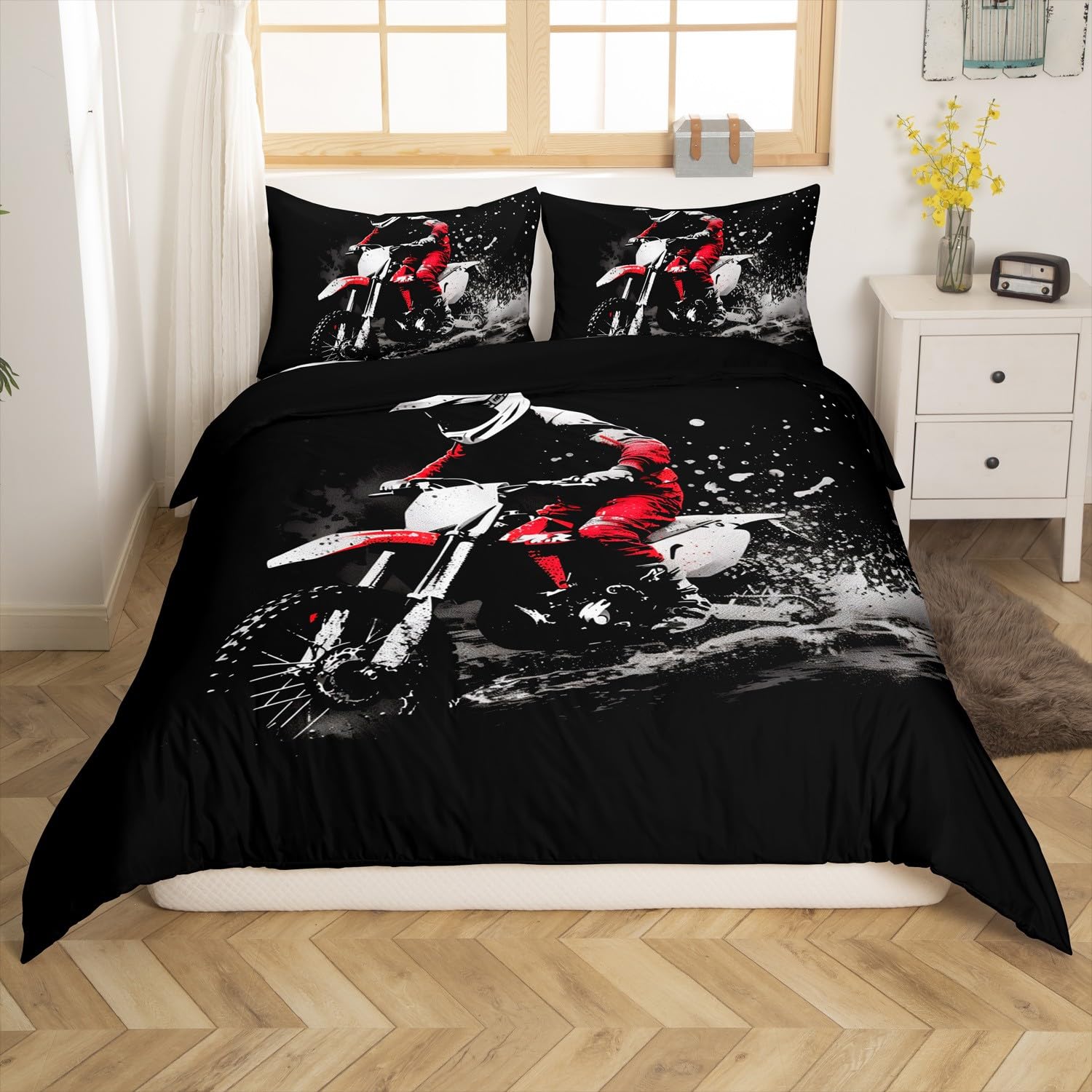 Feelyou Dirt Bike Bedding Set Queen Size Extreme Sports Duvet Cover Ultra Soft Racing Themed Comforter Cover Set for Kids Boys Girls Motorcycle Bedspread Cover Room Decor Motorbike (No Comforter)