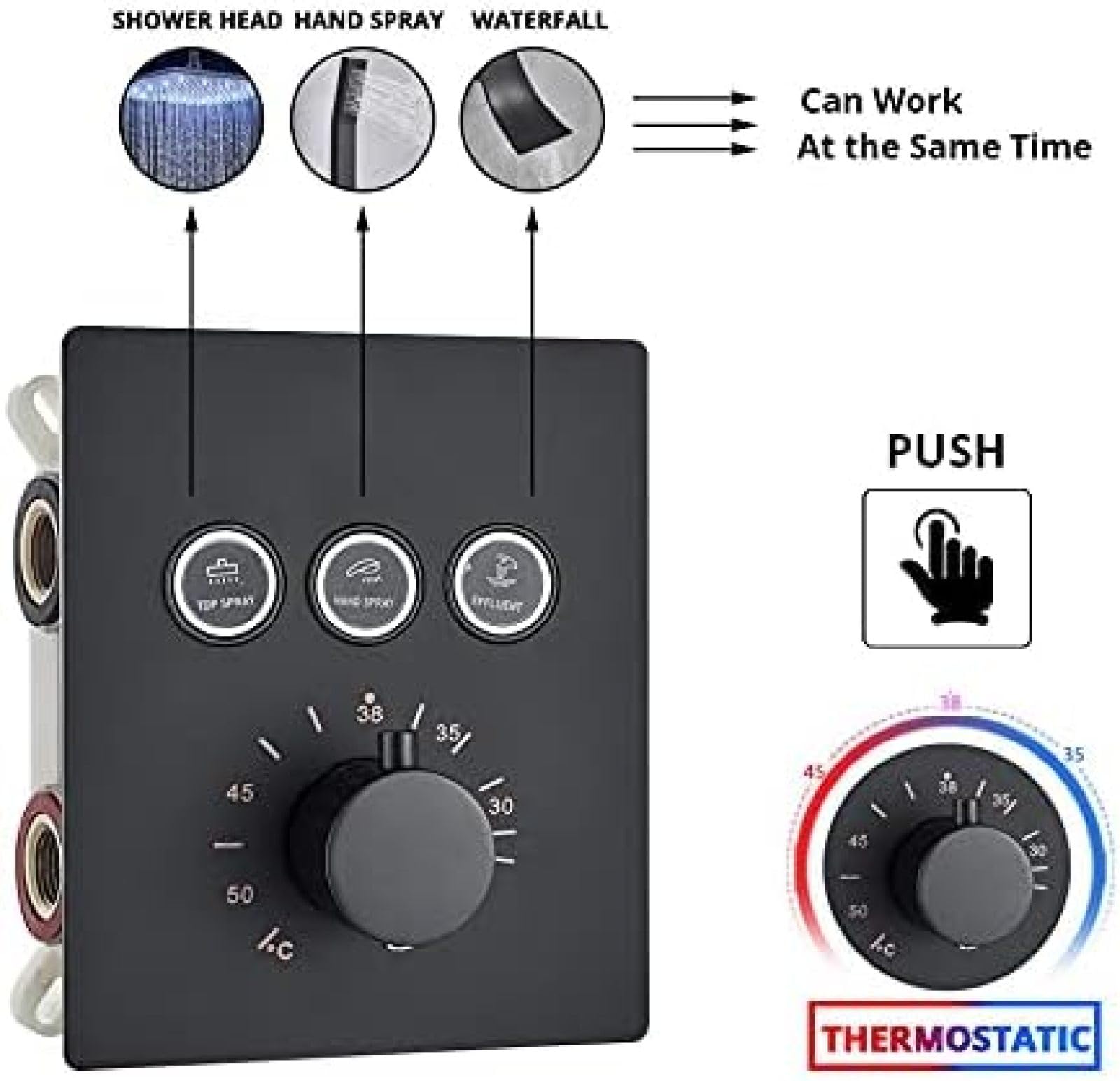 Schwarzes Thermostat-Duscharmatur-Set mit Regenduschkopf, Wand-Badewannenarmatur, 3-Wege-Armatur für 40 cm und 2-Wege-Armatur für 30 cm Deckenmontage, Luxus-Badezimmersystem