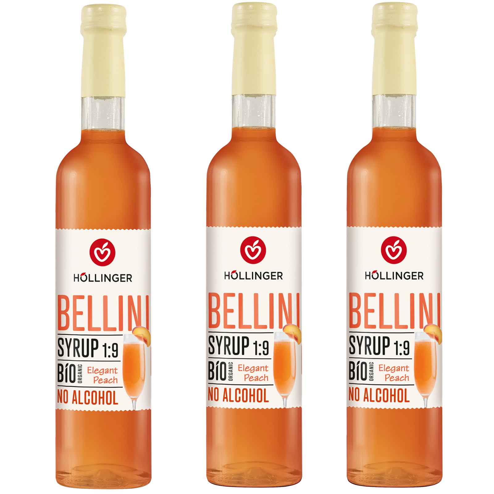 HÖLLINGER Bellini Syrup Bio Organic, Elegant Peach Flavor, No Alcohol, Vegan, 1:9 Concentrate, 500ml, 3 Pack