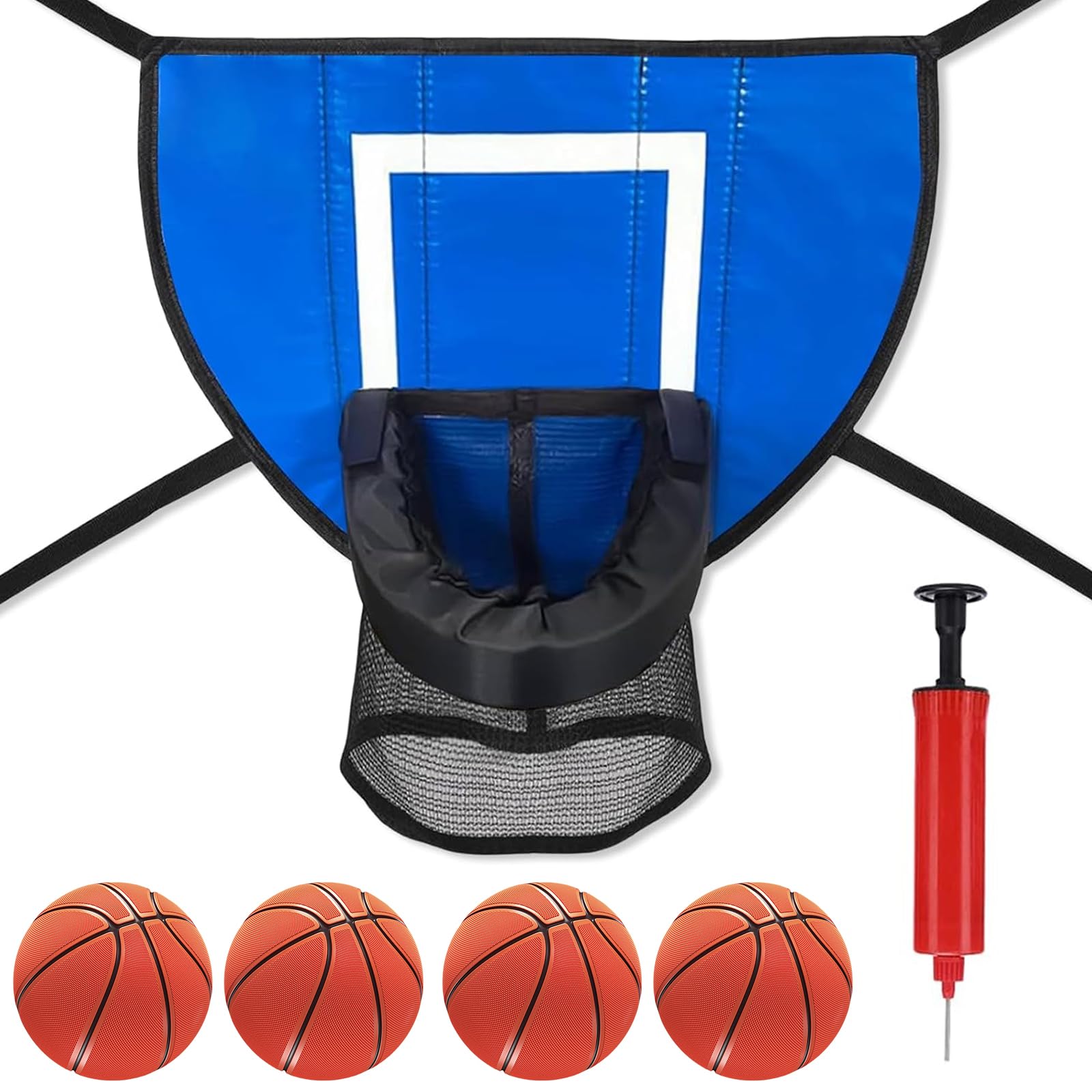 Kosz do koszykówki z pompką do piłki, nasadką do trampoliny, nakładką do koszykówki, mini koszem do koszykówki z 4 mini piłkami do koszykówki i 1 pompką, do użytku wewnątrz i na zewnątrz