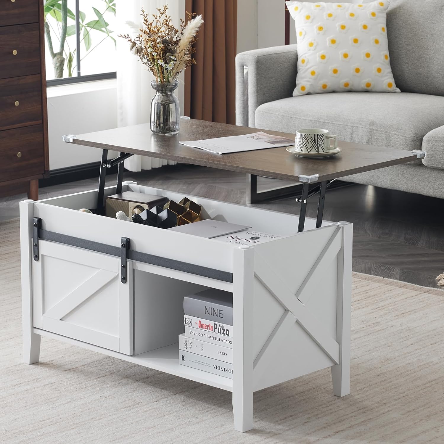VINGLI Farmhouse Lift Top Coffee Table, Rustic Grey with Storage Shelf/Hidden Compartment, Mesa De Centro para Sala, Rustic Brown (White Oak, 36" L) White Oak 36" L