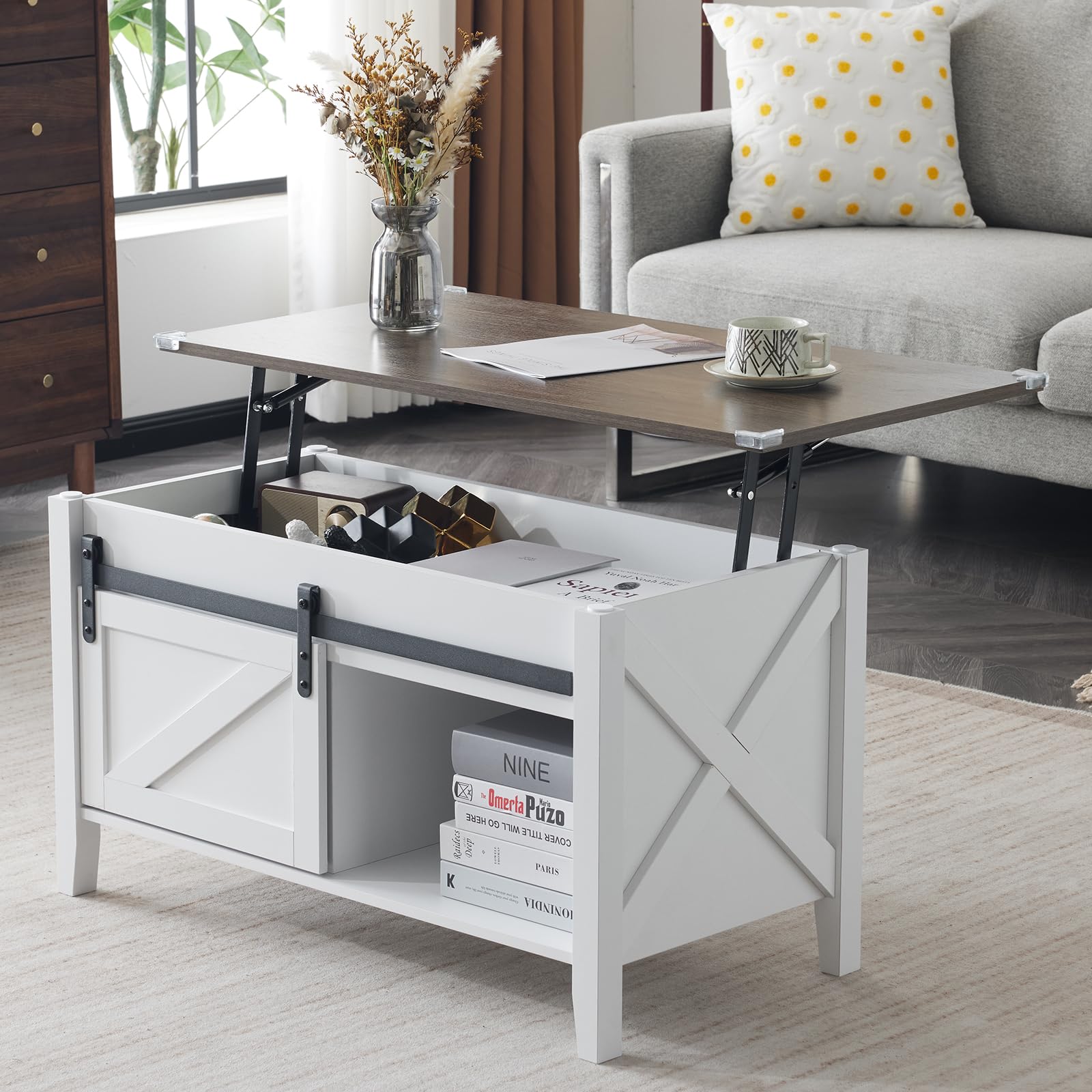 VINGLI Farmhouse Lift Top Coffee Table, Rustic Grey with Storage Shelf/Hidden Compartment, Mesa De Centro para Sala, Rustic Brown (White Oak, 36" L)