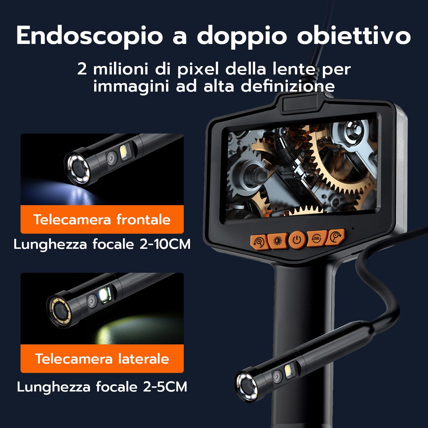 Mcbazel Endoscopio con Luce, 8mm Dual Lens Telecamera Ispezione con Schermo IPS da 4,3 Pollici 1080P HD, Telecamera Endoscopica IP67 Impermeabile con Zoom 3x, 8 LED Regolabili, Cavo Semirigido 5M