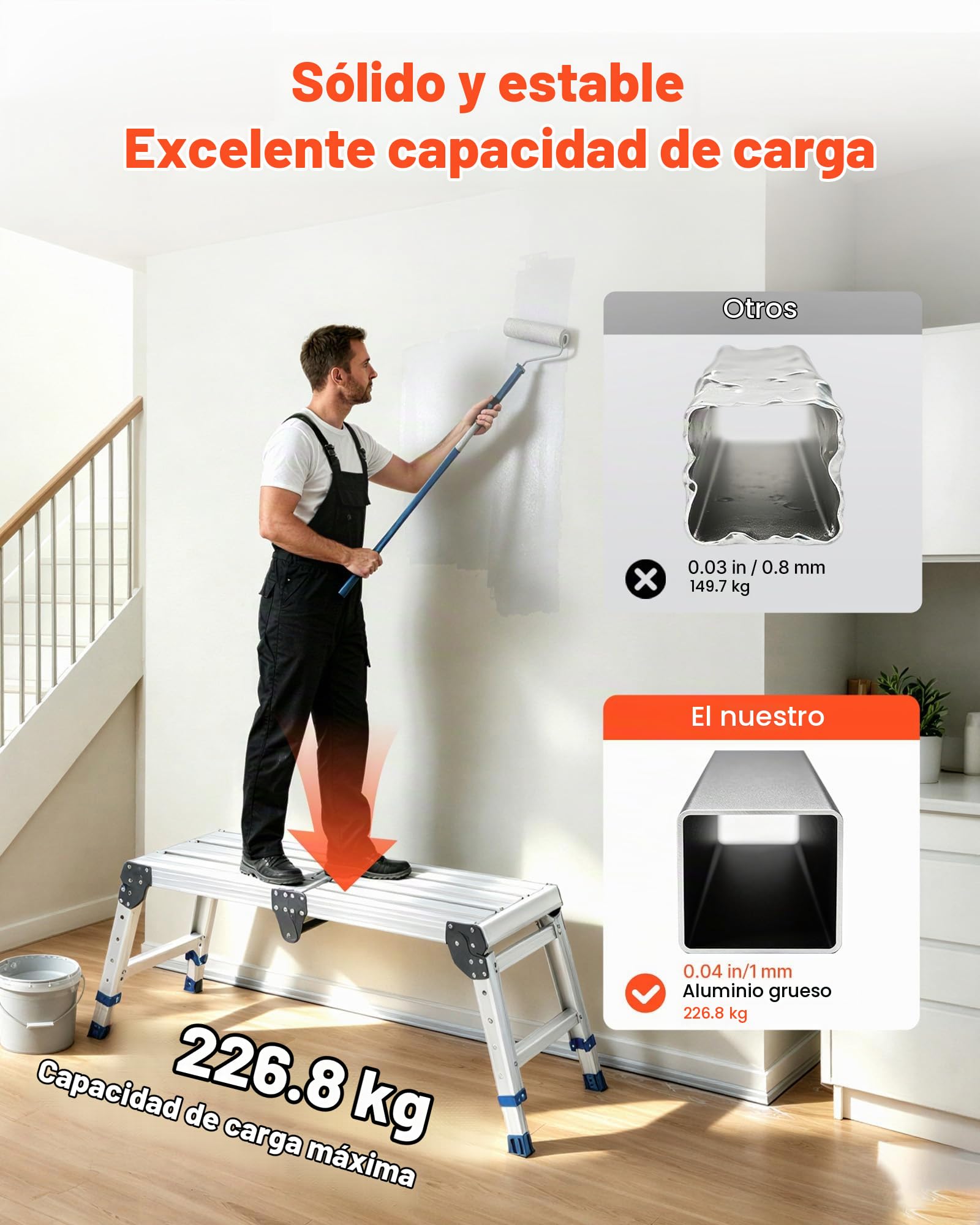 VEVOR Plataforma Plegable de Trabajo Capacidad de 226,8 kg, Altura Ajustable de 360 ​​a 508 mm, Escalera-Taburete de Aluminio Plegable, Portátil, Antideslizante para Pintura, Mantenimiento y Hogar