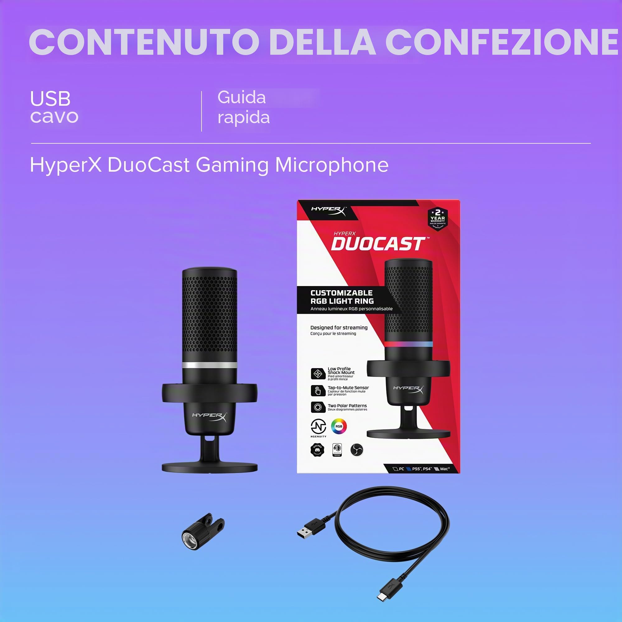 HyperX DuoCast, Microfono da gaming, USB a condensatore, Illuminazione RGB, ShockMount, Cardioide, Omnidirezionale, FiltroPop, Streaming, Podcast, Twitch, YouTube, Discord, per PC, PS5, PS4, Mac, Nero