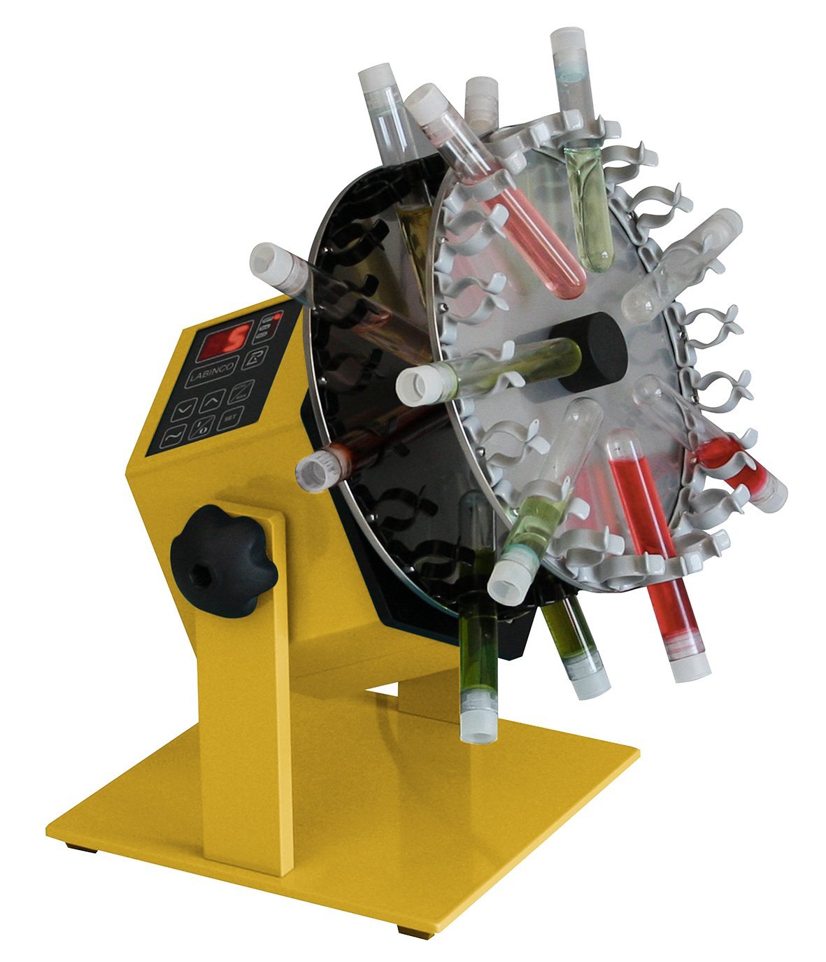 neoLabLine Rotator ohne Drehteller mit Digitaler Anzeige, Gelb, 90 Grad bis 27 Grad Verstellbar, 5-50 UpM Variabel, 230V, 50W, 200mm x 200mm x 250mm