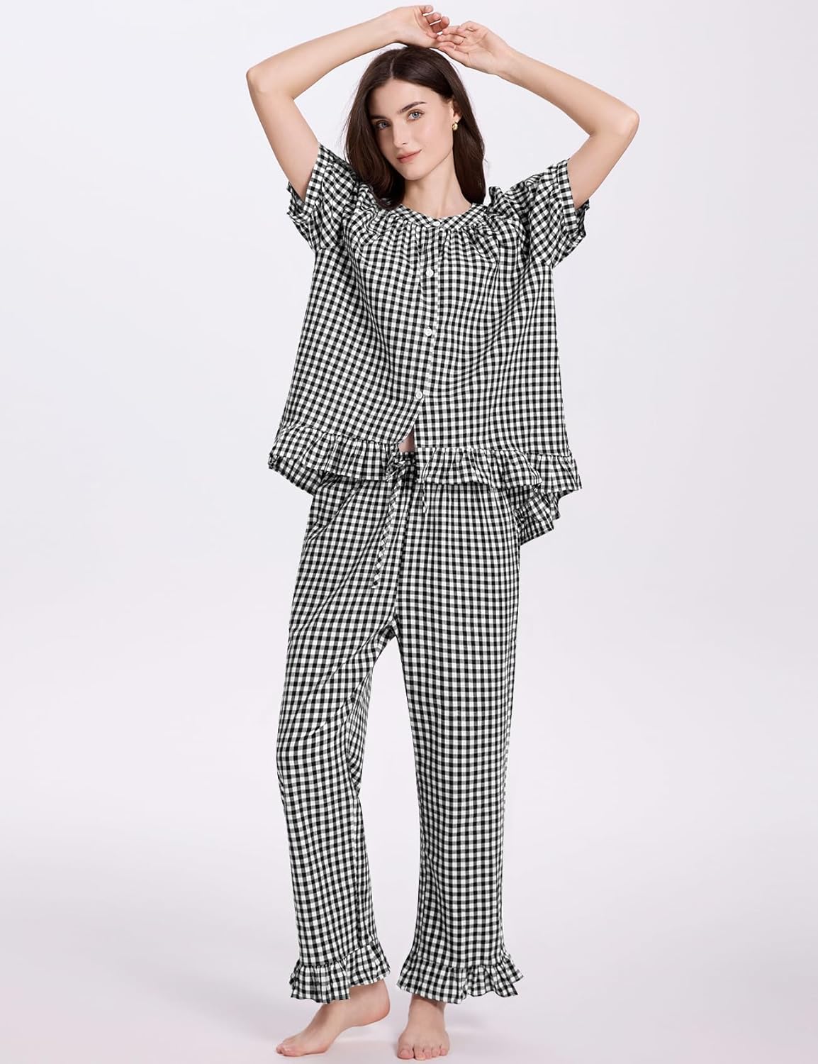 COZYPOIN Womens Gingham Pajama Set 2 Piece Plaid Cotton Pjs Cute Ruffle Sleepwear Maternity Bridesmaid Pajamas Loungewear - Image 2