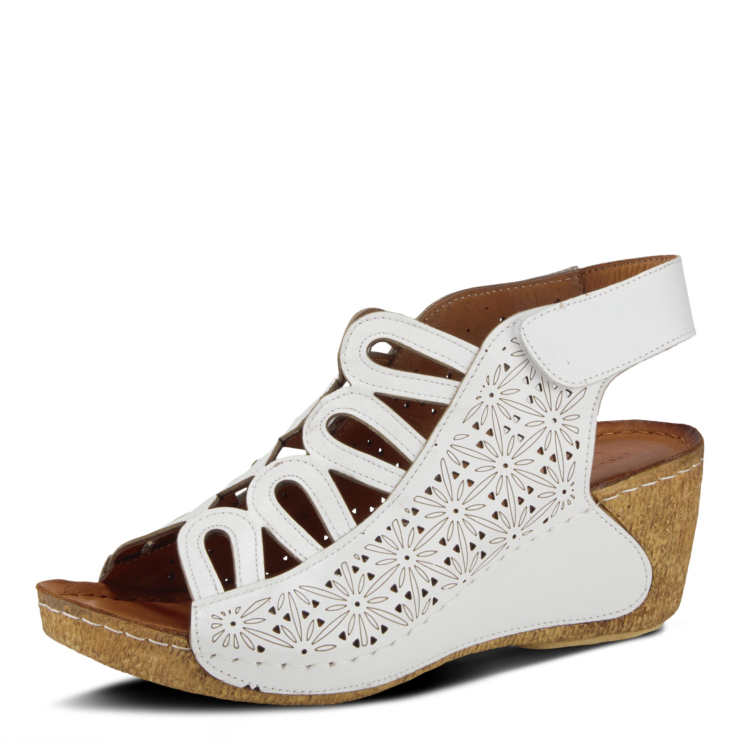 Spring Step Inocencia Women's Leather Wedge Sandals | Low Heel Sandals for Women with Floral Laser Cut Design, Hook and Loop Strap, Mediterranean