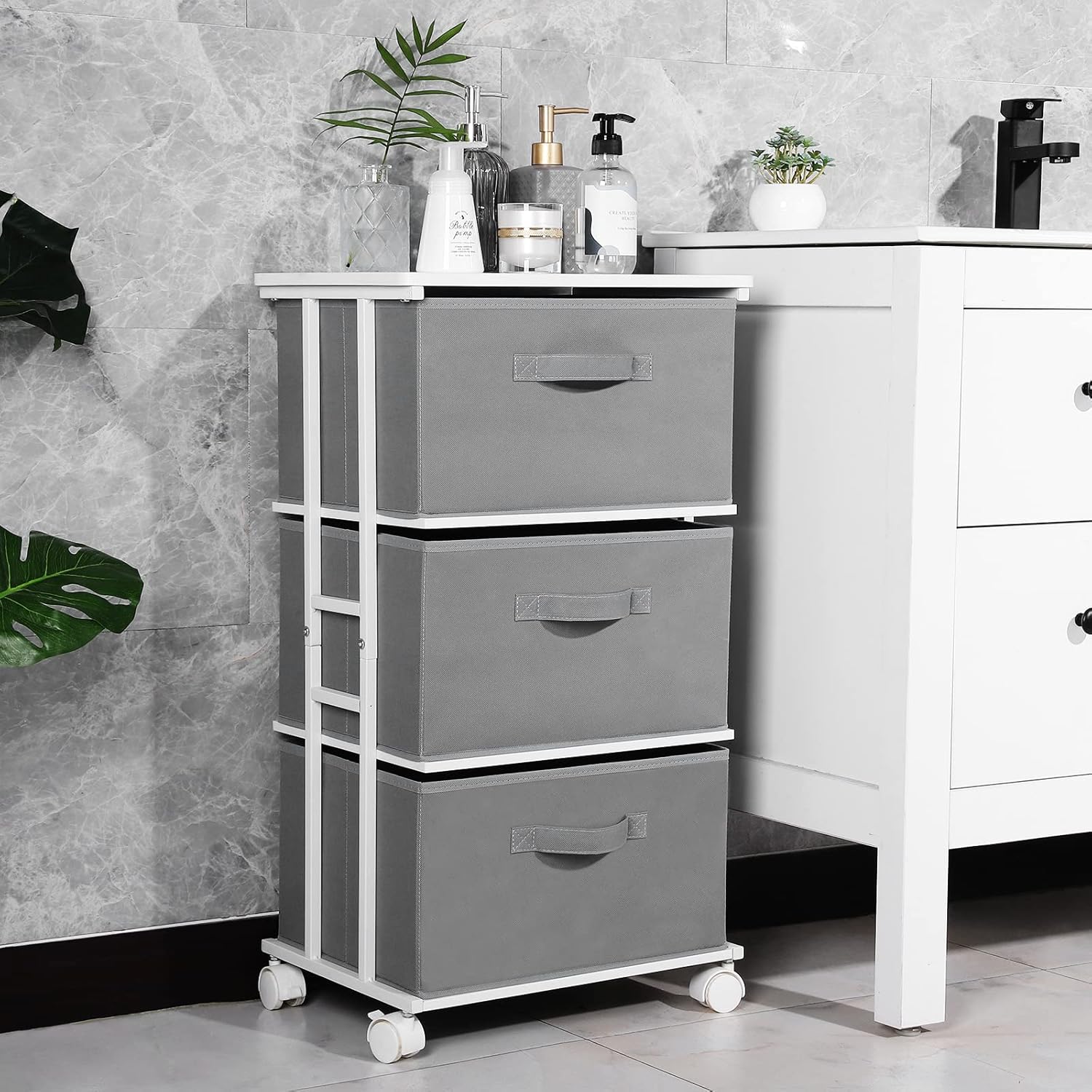 MAX Houser Dresser Tower with 3 Drawers,Fabric Dresser Drawer Organizer Unit,Dresser Chest with Wood Top,Vertical Storage Dresser,Small Dresser for Bedroom,Office-Dark Grey - Image 5