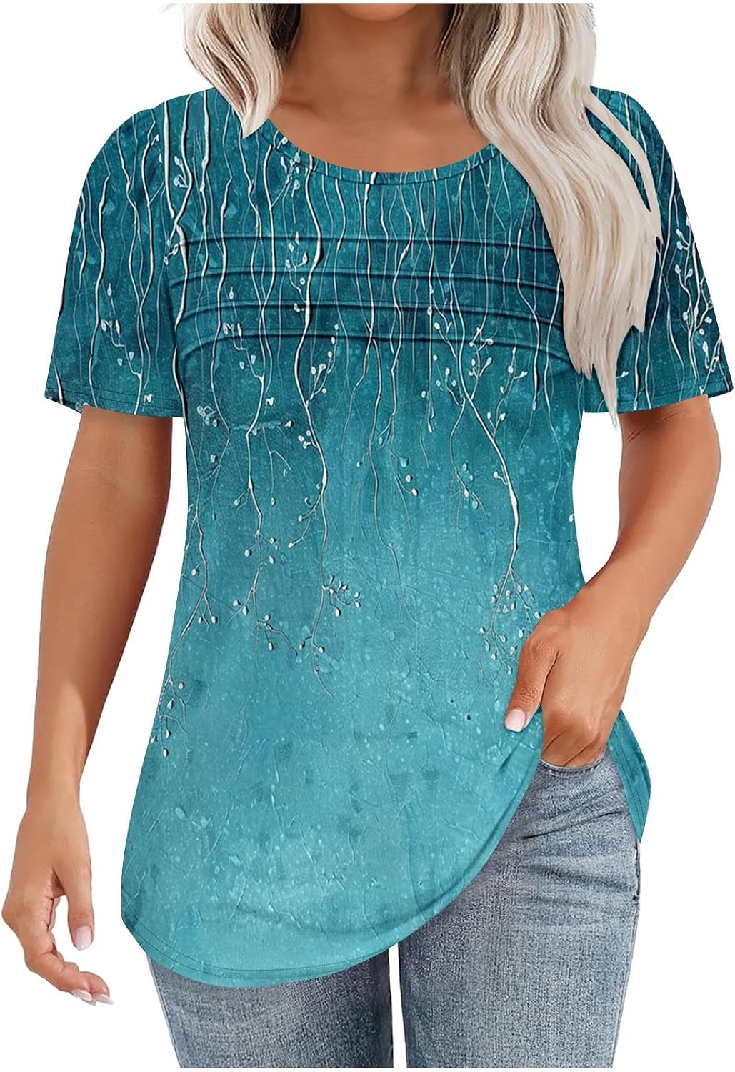 Blouses for Women Dressy Casual Boho Floral Short Sleeve Shirts Trendy Peasant Pleated Round Neck Summer Tops
