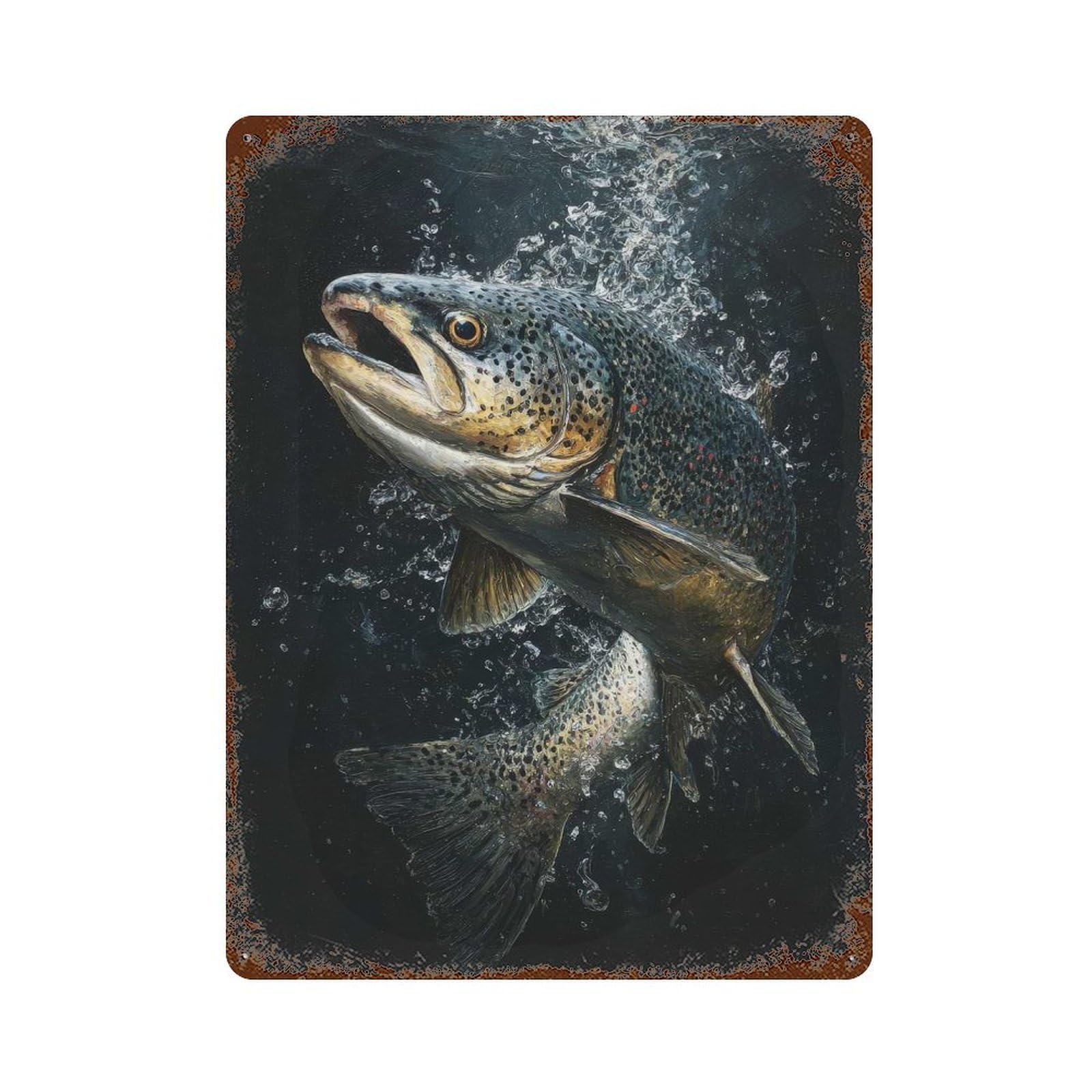 Leaping Trout Painting Trout in Shadows Weathered Tin Sign 15.7"x11.8", Vintage Wall Decor for Garage, Pub Or Kitchen