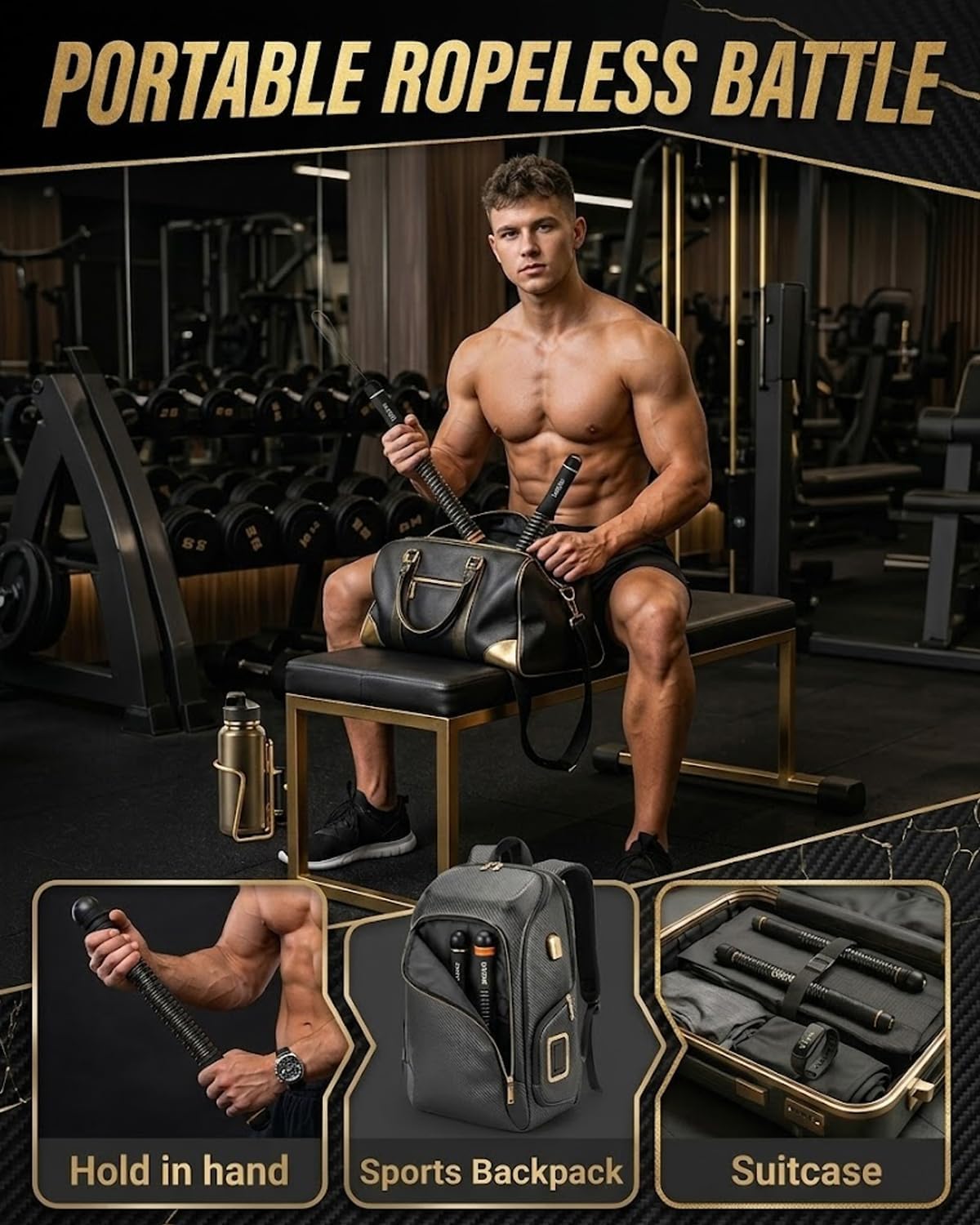 Ropeless Battle Ropes Cordless Adjustable Weighted Portable Home Gym Exercise Rope with Storage Bag Training Equipment for Men & Women Full Body Strength Fitness and Workout