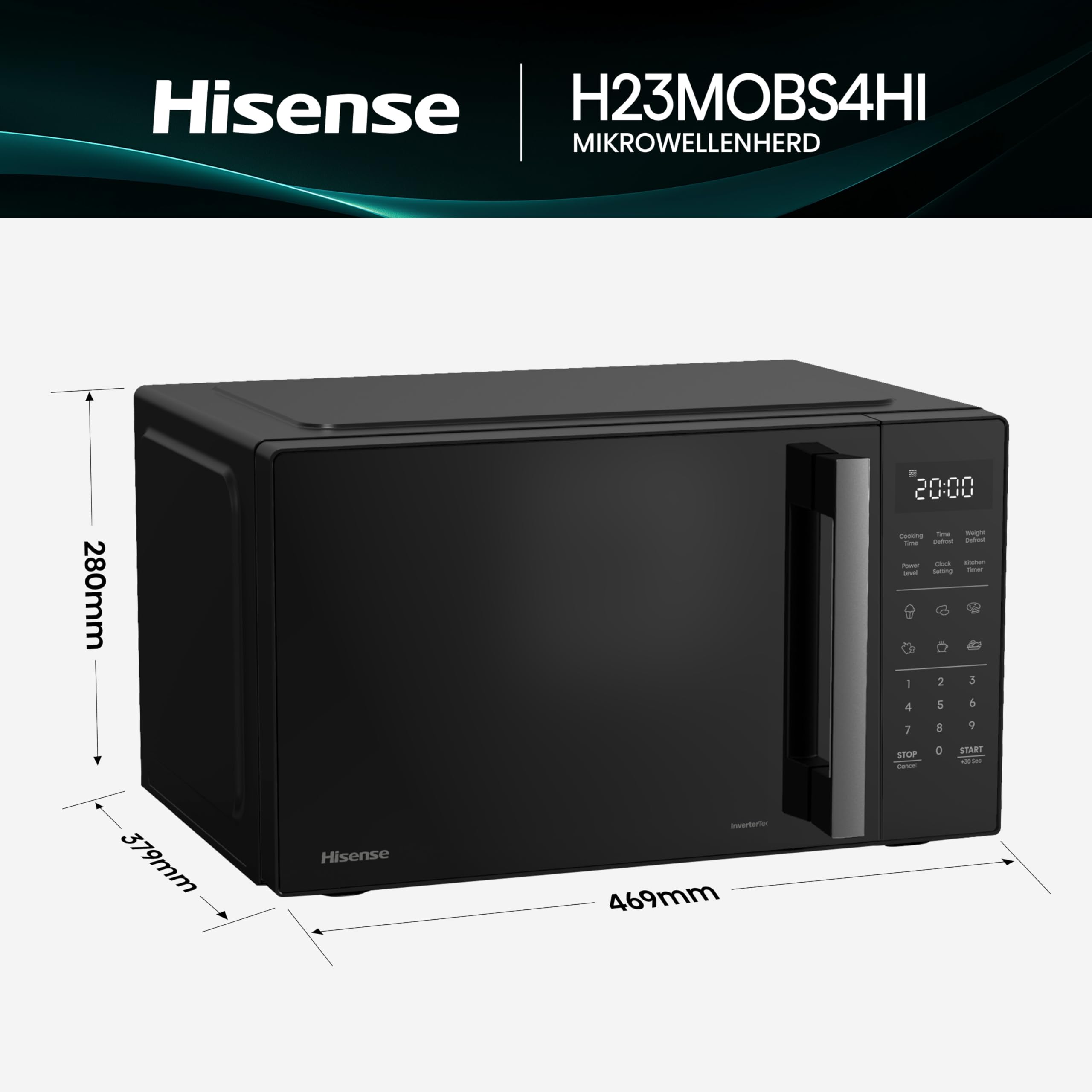 Hisense H23MOBS4HI Mikrowelle 23L 900W InverterTech Keramikbeschichtung Schwarz