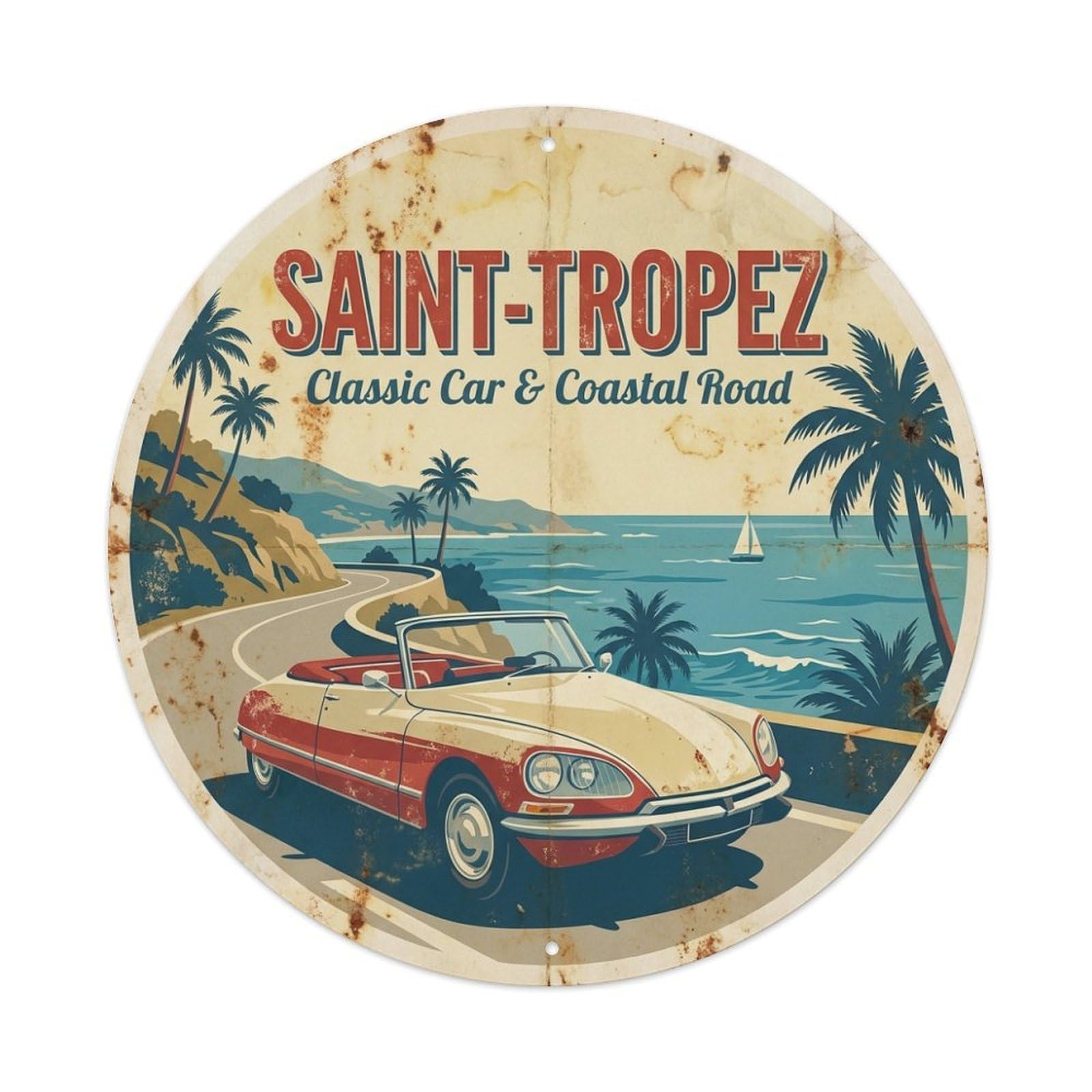 Convertible Coastal Road Travel Saint Tropez France Metal Tin Sign
