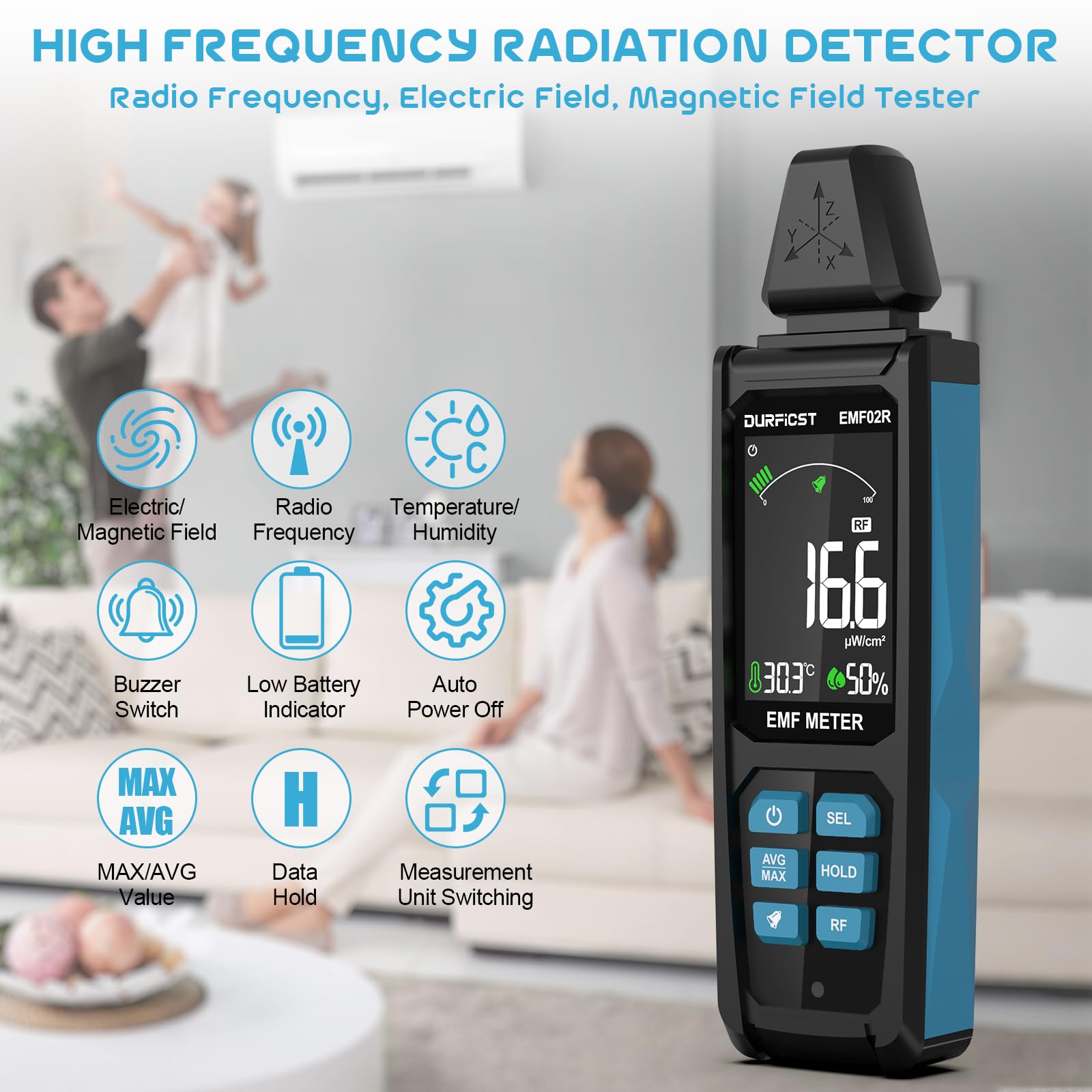 EMF Detector, DURFICST 5 in 1 Rechargeable Digital EMF Radiation Detector, Measuring Ambient Temp and Humidity, Suitable for Cell Phone Towers, Smart Meters, Home EMF Detection and Ghost Hunting