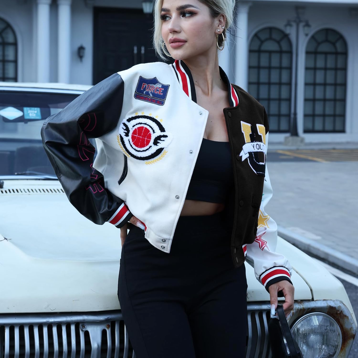 Women's Cropped Casual Jacket Colorblock Varsity Jacket Y2K Baseball Bomber Vintage Streetwear Patched Outerwear - Image 2