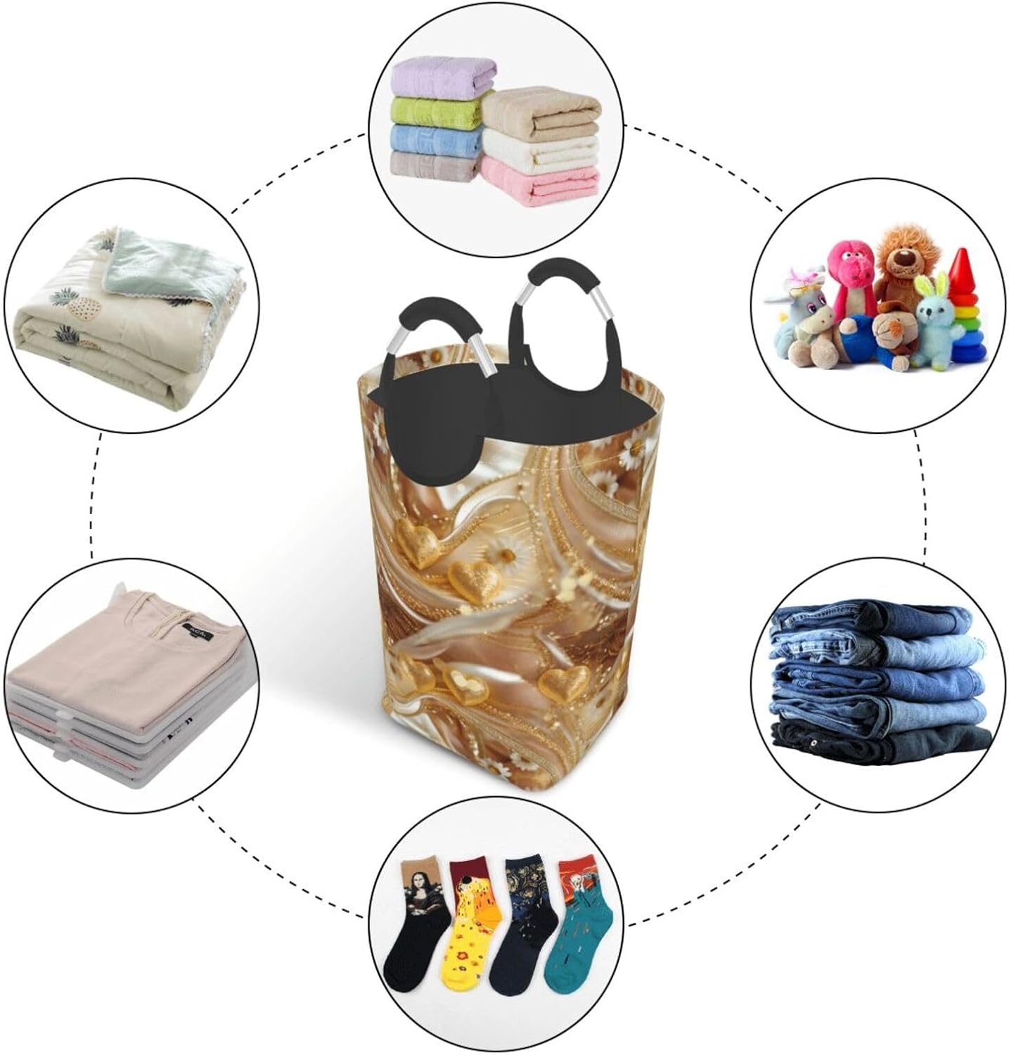 Golden Heart & Sparkle Dream Foldable Dirty Laundry Bag, Waterproof Oxford Fabric With Pe Board Base, 50l Capacity For Home & Travel