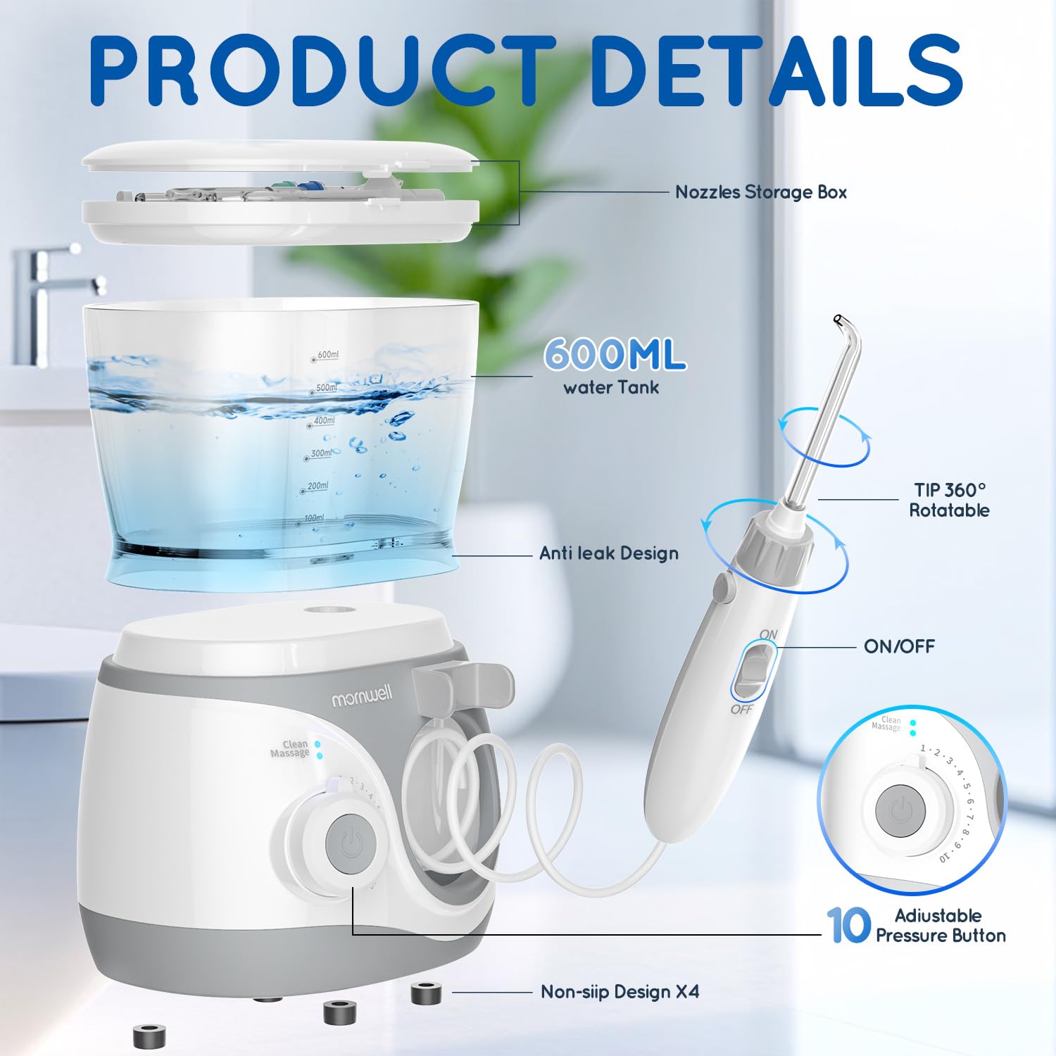 Advanced Water Flosser para dientes, irrigador oral eléctrico con 10 10 ajustes de presión, 8 boquillas, incluye punta nasal especial, tanque de 1000 ml, ideal para implantes de encías (blanco, 1000