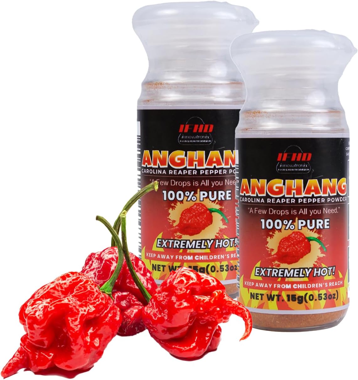 Innovatronix ANGHANG 15g Carolina Reaper Pepper Powder (100% Pure) - 2 BOTTLES OF (0.53 oz / 15 grams each) | World's Hottest Pepper