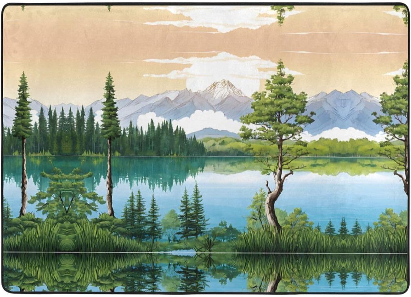 Flannel Non-Slip (Mountain Lake View Sunny Day Nature) Rug Pad 80×50in Soft Washable Protective for Hardwood Floors Bedroom Bathroom Living Room