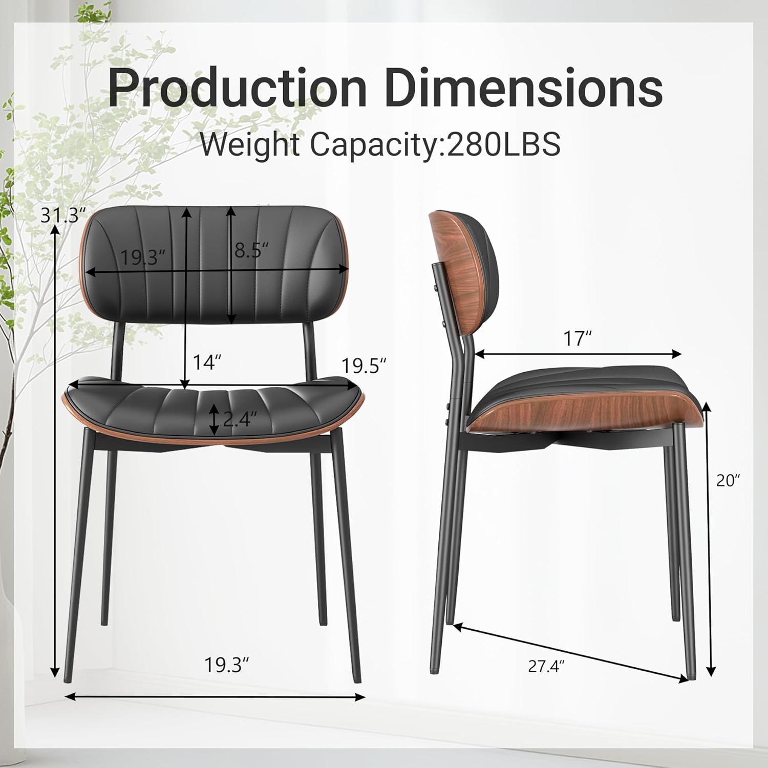 Mid Century Modern Dining Chairs Set of 2,Upholstered Faux Leather Kitchen Chairs with Walnut Bentwood Back and Metal Legs for Kitchen Dining Room Living Room, Black