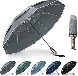 Compact Golf Umbrellas Windproof, Travel Umbrella for Rain, 10 Ribs Aluminum Alloy & Fiberglass w/Reflective Stripe, Double Canopy Automatic Anti-bounce Close