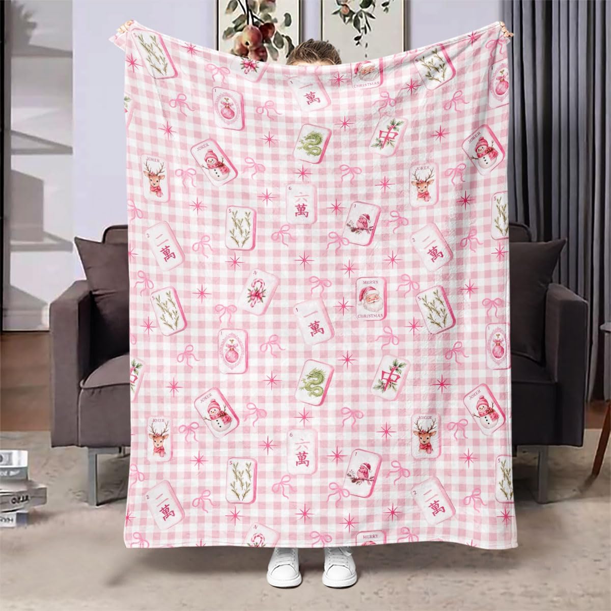 300GSM Pink Plaid Christmas Mahjong-Themed Blanket – Mahjong Accessories, Themed Gifts, Gift Ideas for Mahjong Lovers