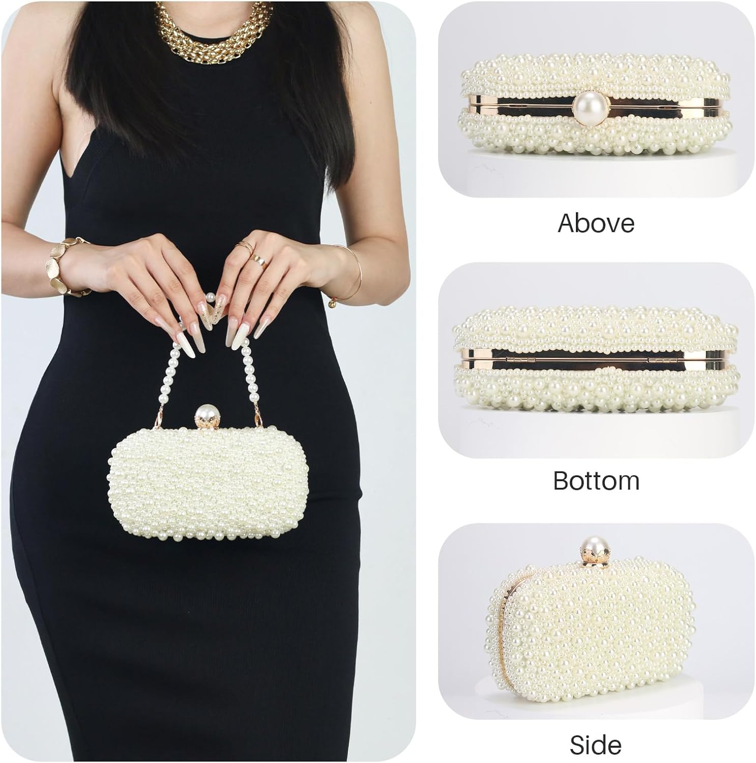 Women Pearl Clutches Noble Crystal Beaded Evening Handbag Chain Strap Shoulder Bag for Wedding Bridal Party Prom - Image 2