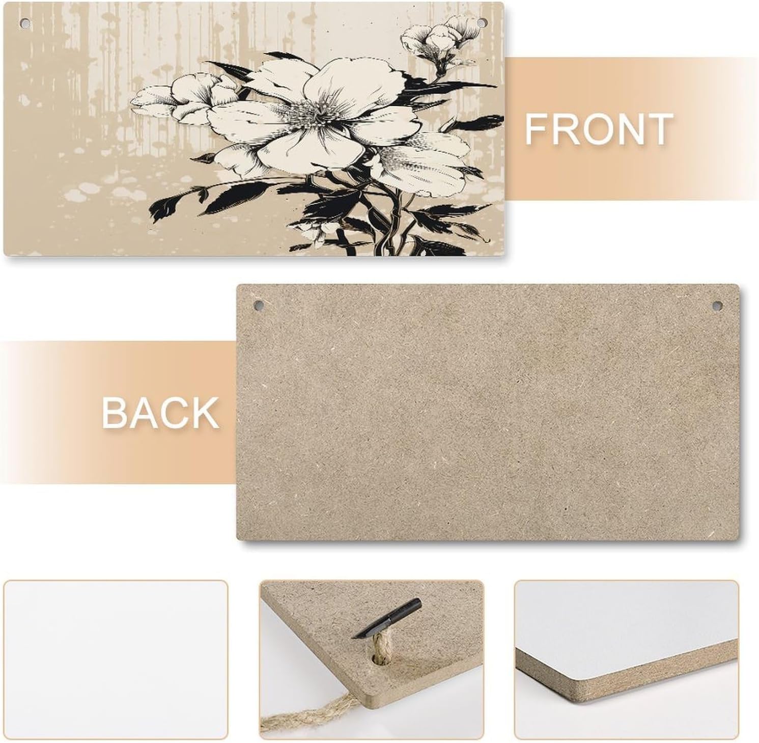 Beige Floral Pattern Hanging Wood Sign Wooden Slices Banners with Ropes Personalized Rectangle Decorative Wooden Plaque Sign Wall Art for Garden Yard Home Farmhouse 9.8"x4.9" image 5
