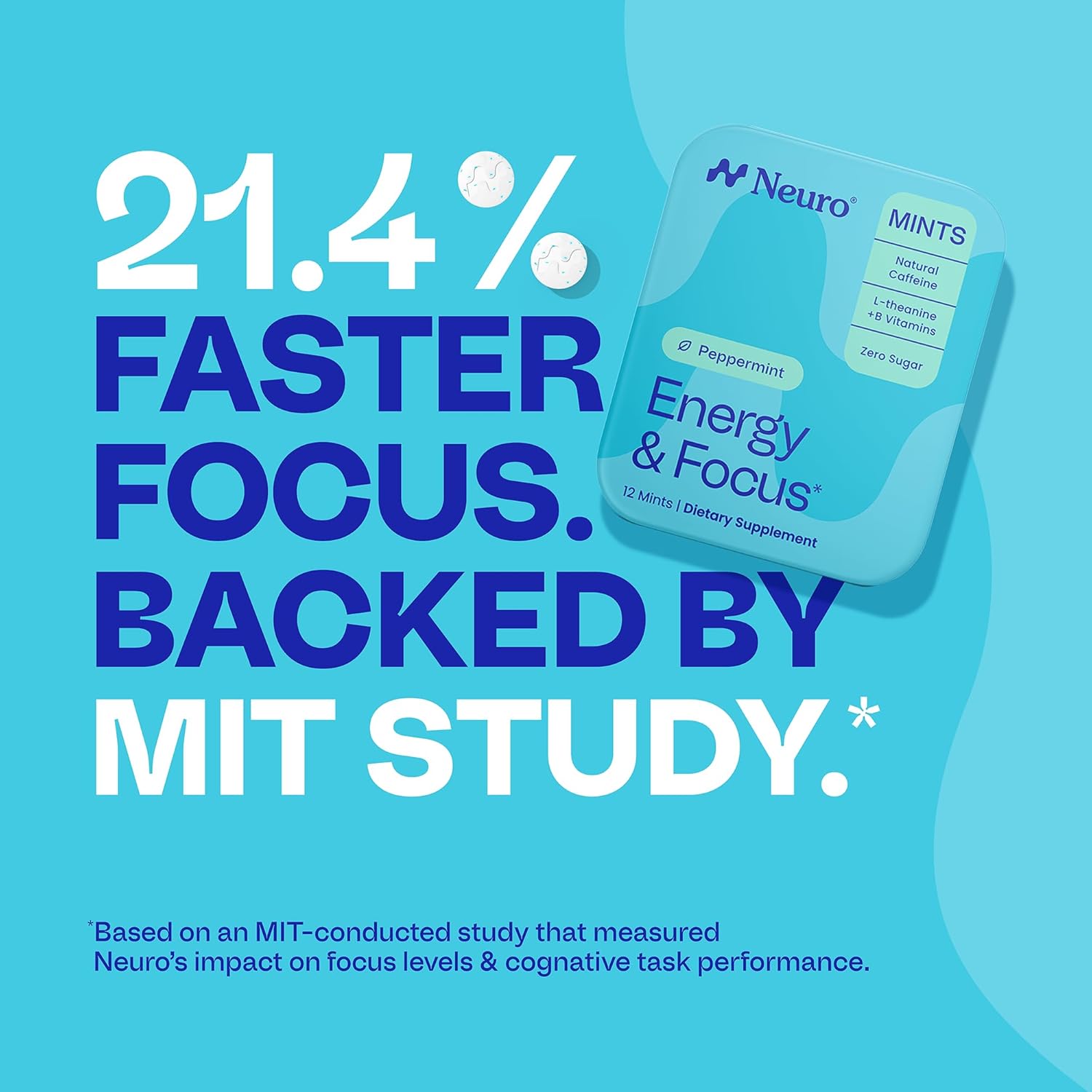 Neuro Energy & Focus Mints - Sugar Free Breath Mints with 40mg Natural Caffeine, B Vitamins & L-Theanine - Vegan Brain Supplement for Exercise, Study & Daily Focus - Peppermint, 72 ct