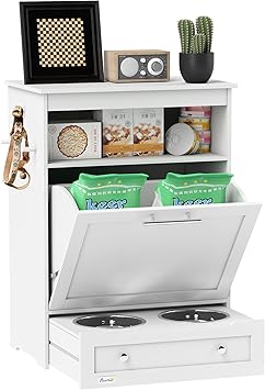 PawHut Dog Feeding Station with Raised Bowls, Dog Food Storage Cabinet with Hanger for Feeding & Watering Supplies, Pet Feeder Station, White