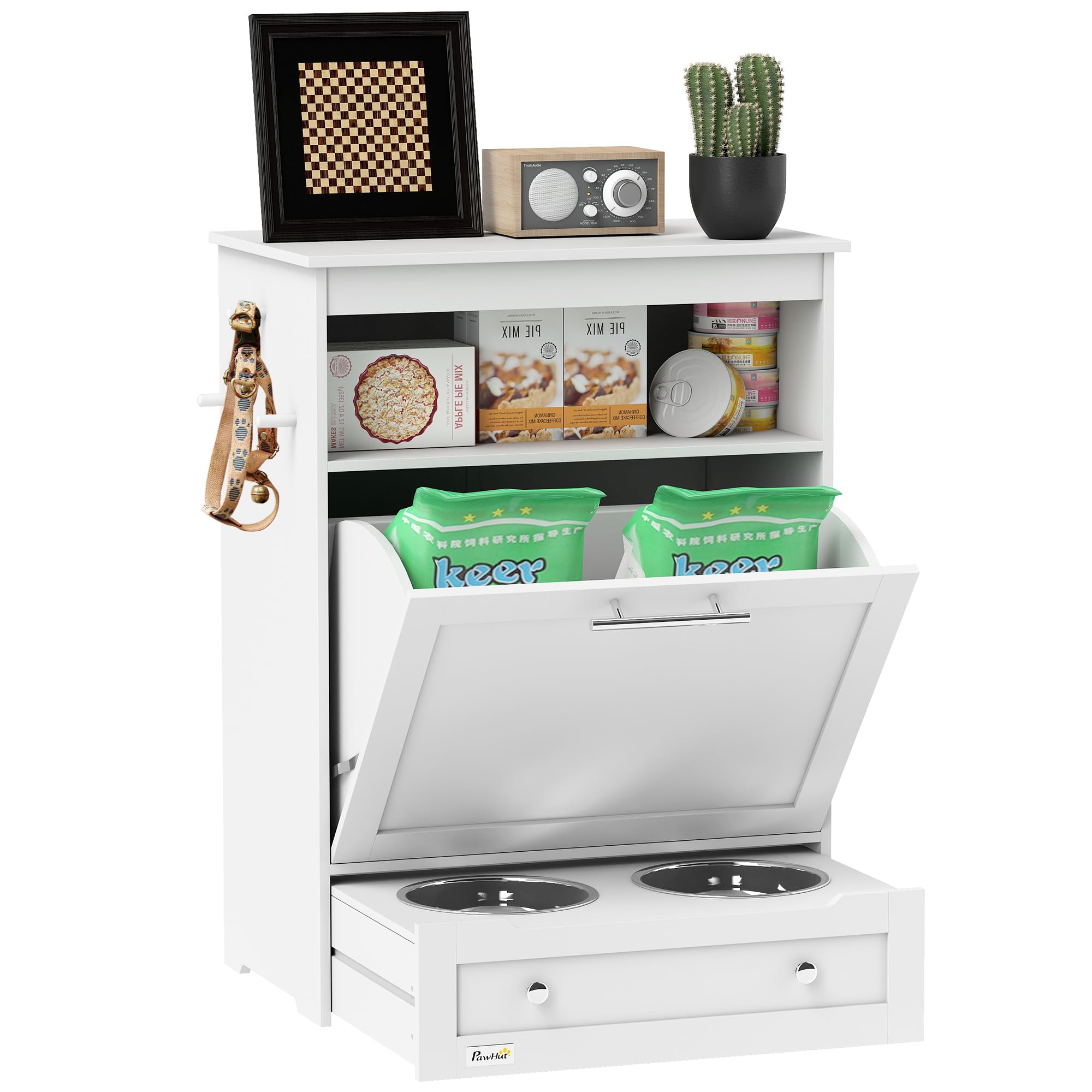 PawHut Dog Feeding Station with Storage, Pet Feeder Cabinet Container with Raised Bowls and Hanger for Feeding & Watering Supplies, Dog Food Organizer, White