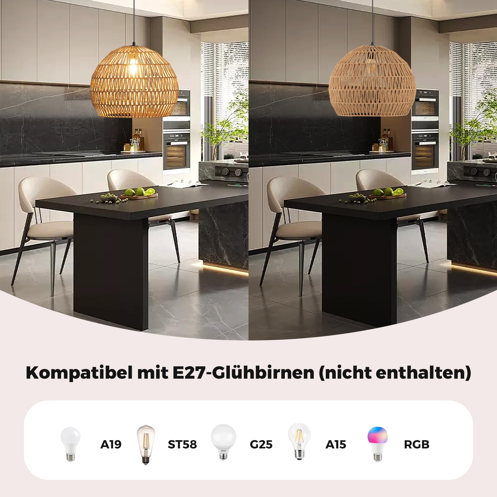 COSTWAY geflochtene Pendelleuchte, Boho Deckenleuchte mit verstellbarer Aufhänghöhe, Bauernhaus Hängelampe mit E27-Basis (Lichtquelle nicht enthalten) für Küche, Schlafzimmer, 43 x 34 cm (kaffee)