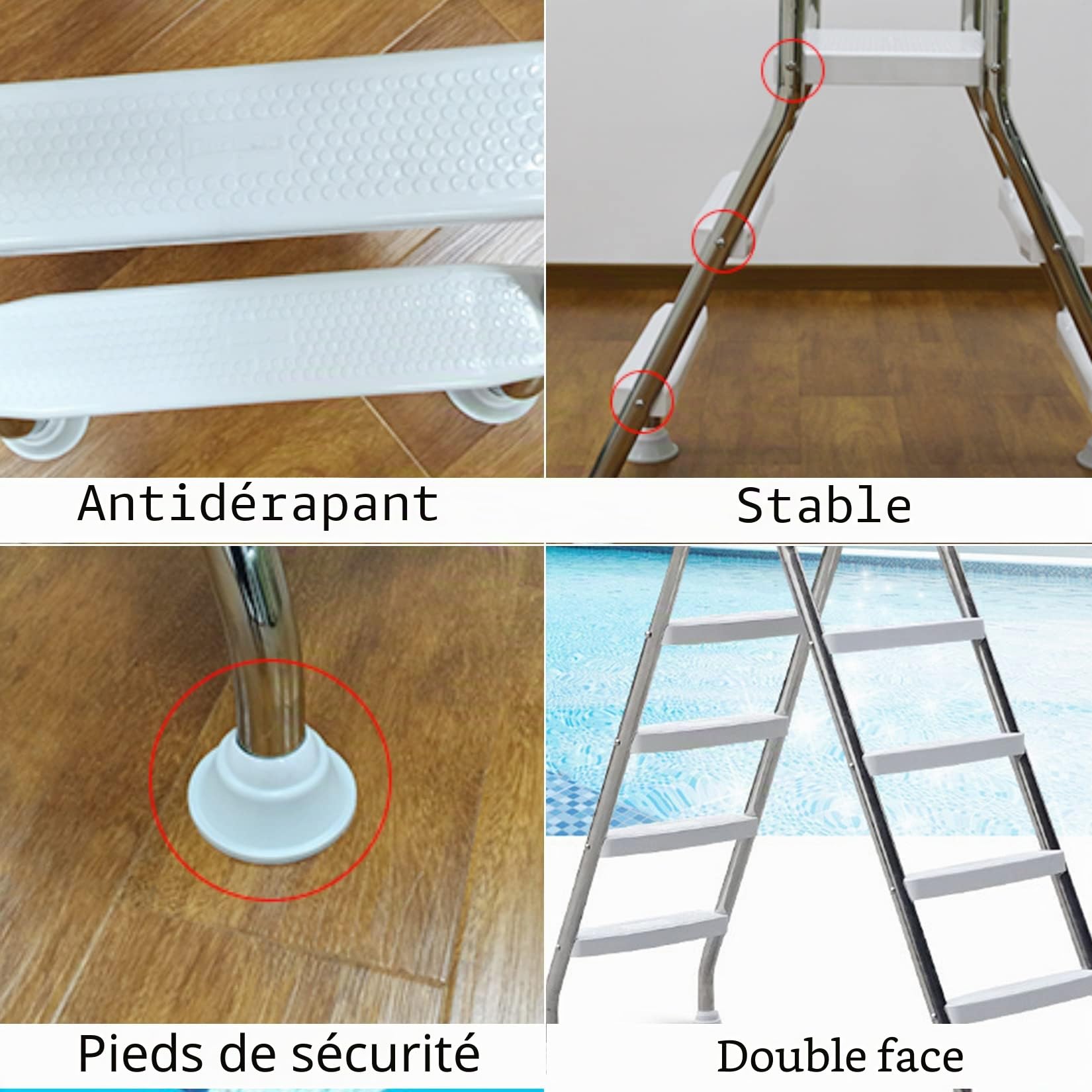 Échelle 4 Marches pour Piscine Hors Sol, échelle Robuste Double Face Antidérapante pour Piscine Hors Sol, échelle épaisse en Acier Inoxydable 304 pour Piscine, Charge 250kg