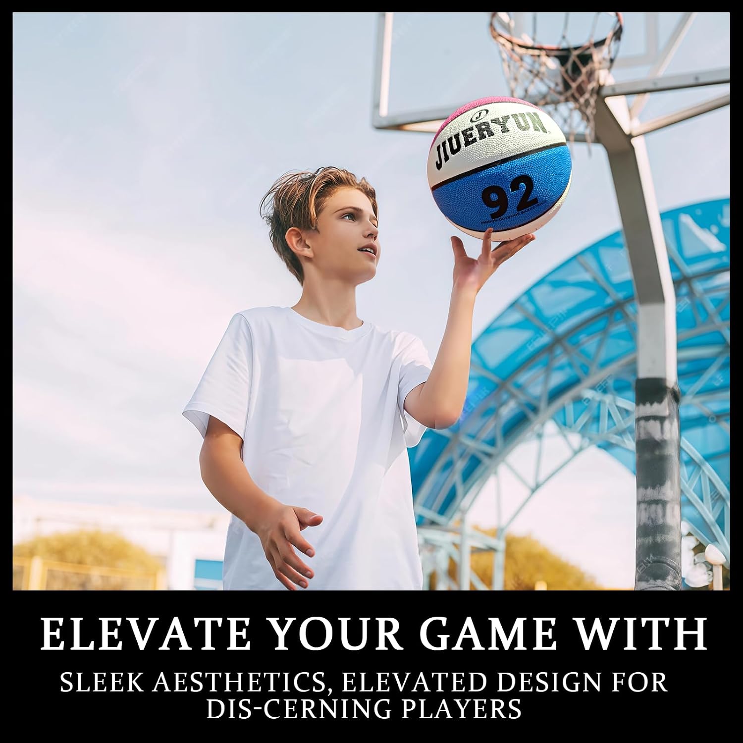 Indoor Outdoor Basketball, Size 7, PU Leather, Black Yellow Blue, Crown Design, Deep Groove Pattern, Anti-Slip Grip