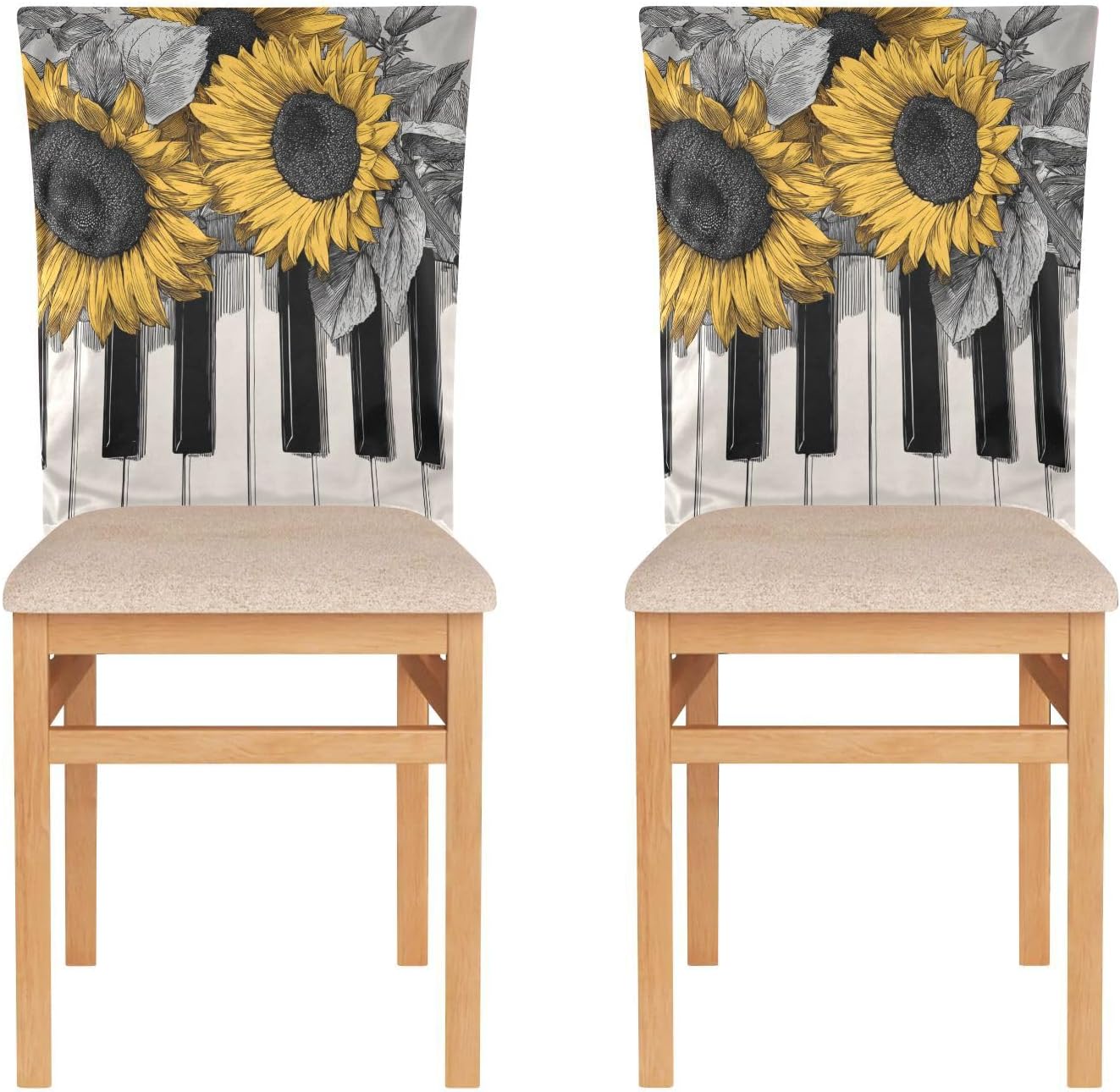 ALAZA Music Piano Keys Sunflowers Chair Back Cover Set of 6, Washable Reusable Removable Chair Slipcovers Decorative Chair Cover for Home Kitchen Wedding Party