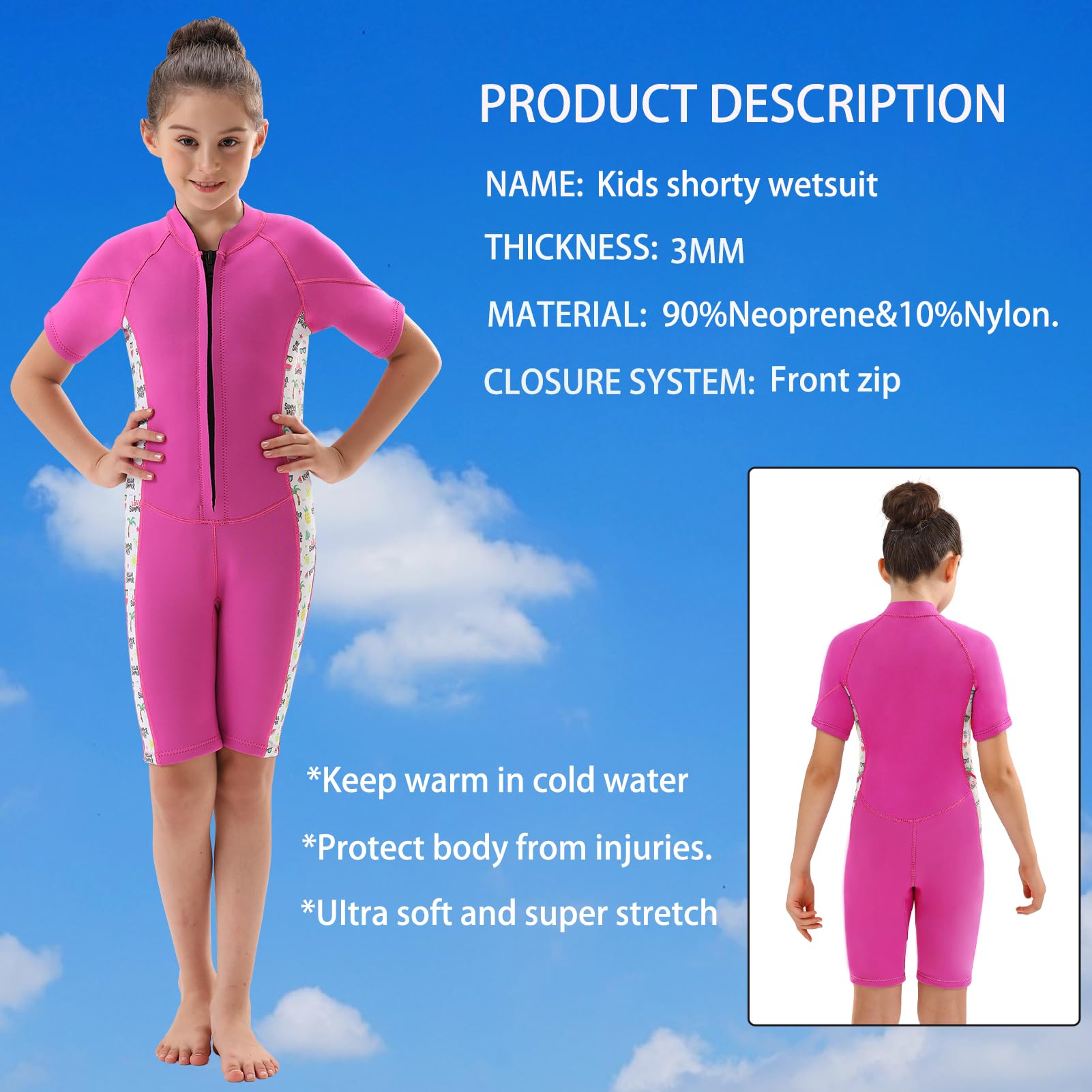 DEHAI Traje de neopreno para niños y niñas, 3 mm, traje de neopreno completo, cremallera frontal, traje térmico corto para agua fría, para natación, buceo, surf