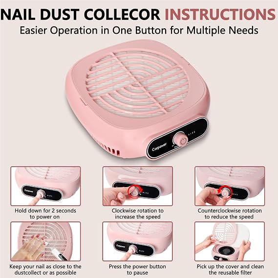 Nail Dust Collector Brushless Nail Vacuum, Nail Tech with Reusable Filter | Powerful Turbo Fan with Reusable Filter for Nail Dust Extraction, Ideal for Salon and Home Acrylic Nail Care