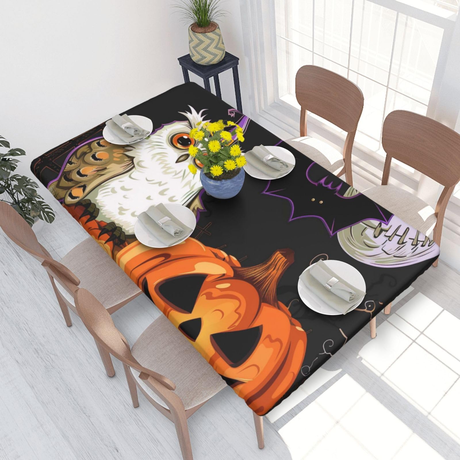 WPKJU Halloween Owl Ghost Pumpkin Printed Tablecloths 4ft Rectangular Table Covers Washable Polyester Decorative Table Cloth for Dining Table Picnic Wedding