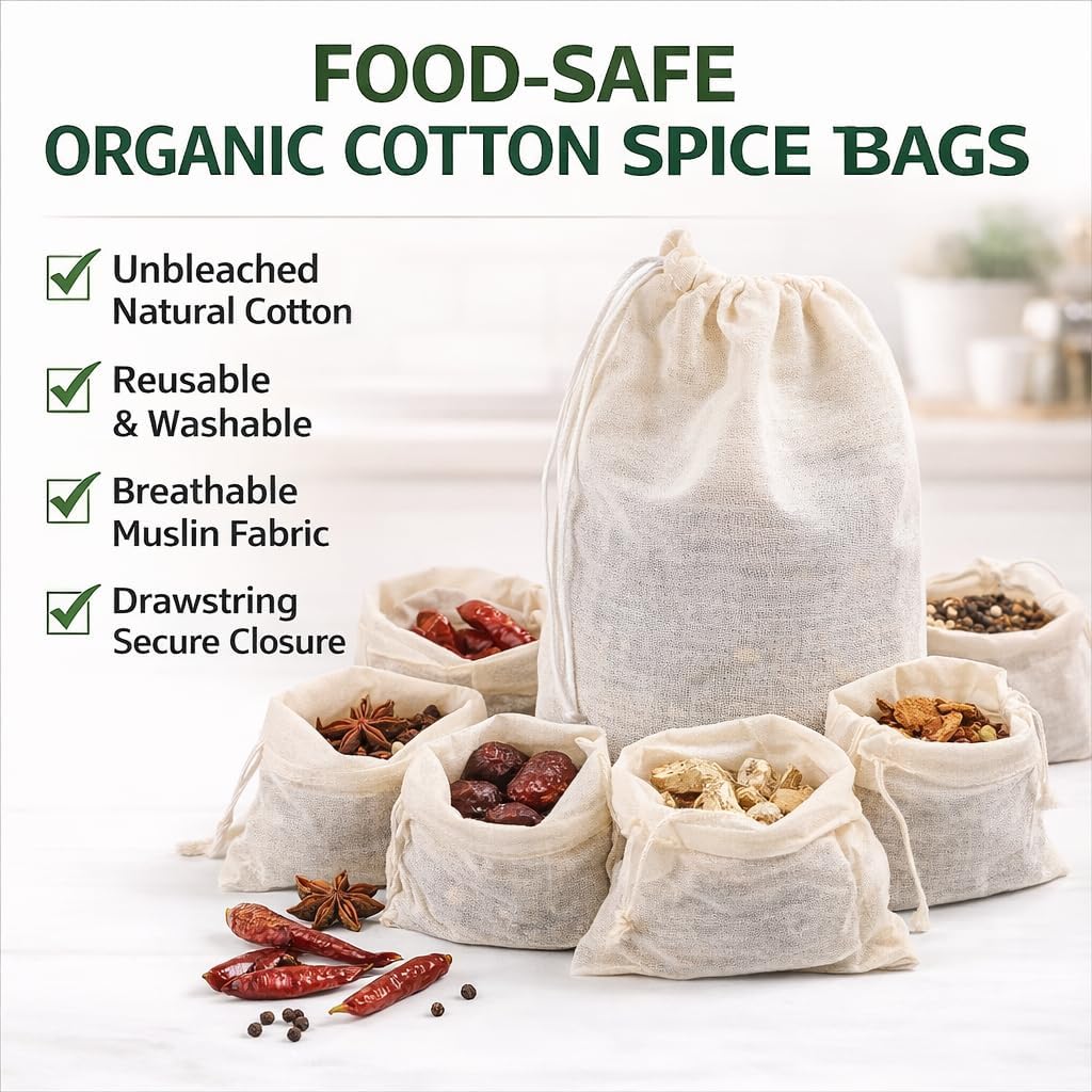 Organic Cotton Spice Bags with Drawstring – 30 Pcs Reusable 3x4 Tea Bags, Muslin bags for Cooking, Soup bag, Herbs & Loose Leaf Tea – Cheesecloth Straining Pouch image 2