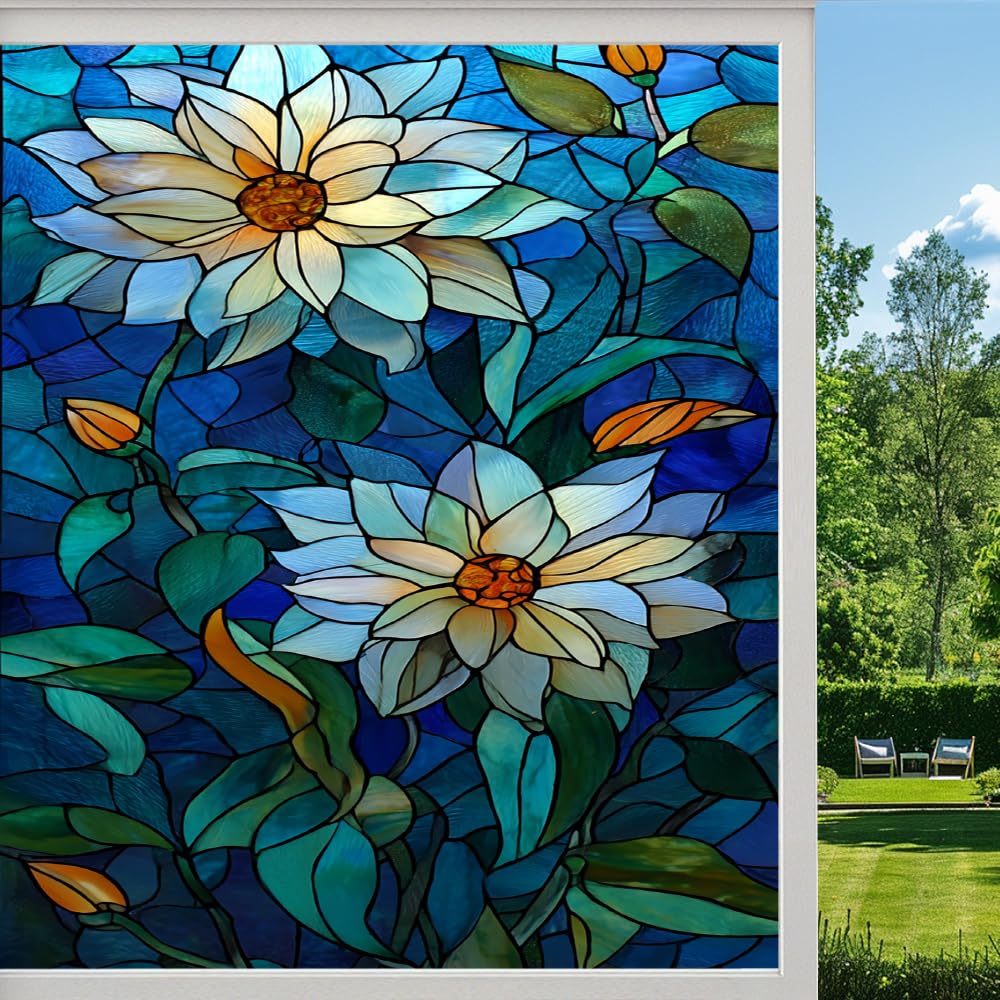 Pmlbaous Colorful Flowers Frosted Window Film, Abstract Natural Lotus Stained Glass Privacy Film, Heat Insulation Self-Adhesive Vinyl For Bathroom Office, （55X80cm）