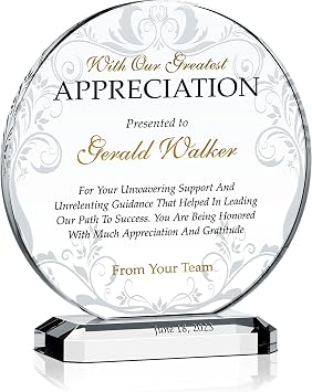 Custom Crystal Appreciation Plaque Personalized Thank You Gift for Manager, Mentor, Boss, Coach, or Team Leader M - 6.5"