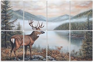 8 Pack Art Acoustic Panels Sound Absorbing Vintage Deer Forest Animal Mountain Lake Trees Mist Realistic Decorative Soundproof Wall Panels Self Adhesive for Recording Studios Office 48"x32"