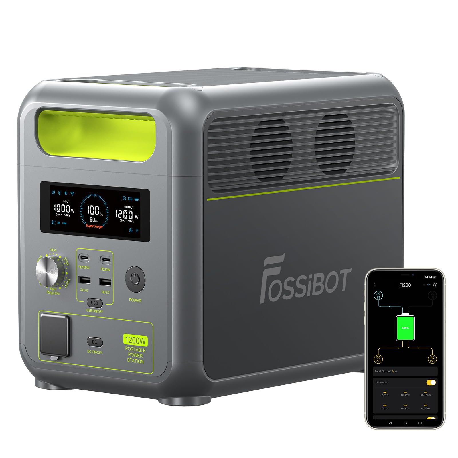 FOSSiBOT Tragbare Powerstation F1200, 1024Wh LiFePO4 Solargenerator mit 2 1200W AC Ausgänge, 100W Typ-C, 45 Min. Schnellladung von 0-80%, für Reise, Camping, Hausgebrauch