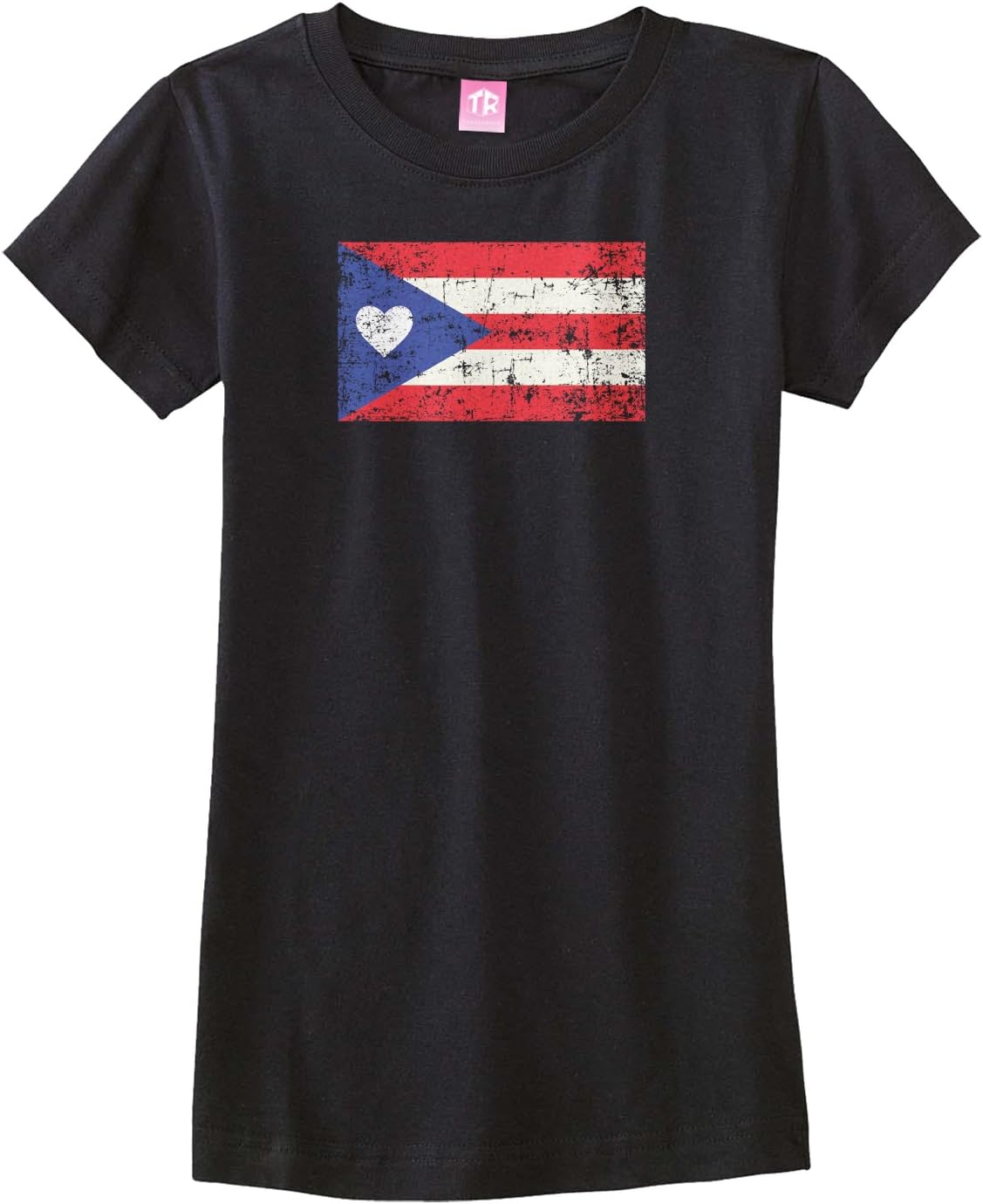 Threadrock Big Girls' Puerto Rico Flag with Heart Fitted T-Shirt