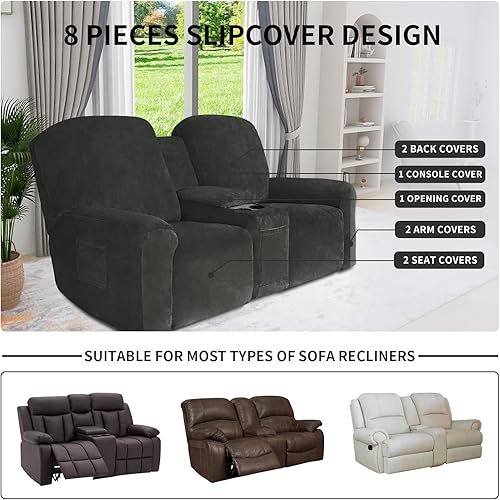 Miniatura 3 de Easy-Going Sofá biplaza reclinable de terciopelo con funda de consola central, fundas elásticas para sofá reclinable de 8 piezas, funda de sofá